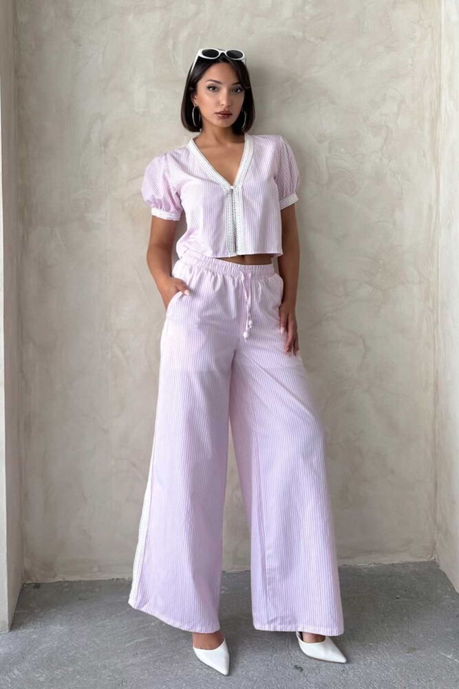 Güpür Detaylı Çizğili Pantolon