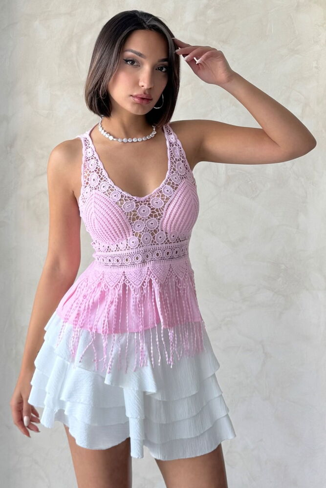 Güpür Detaylı Askılı Toptan Bluz Pembe