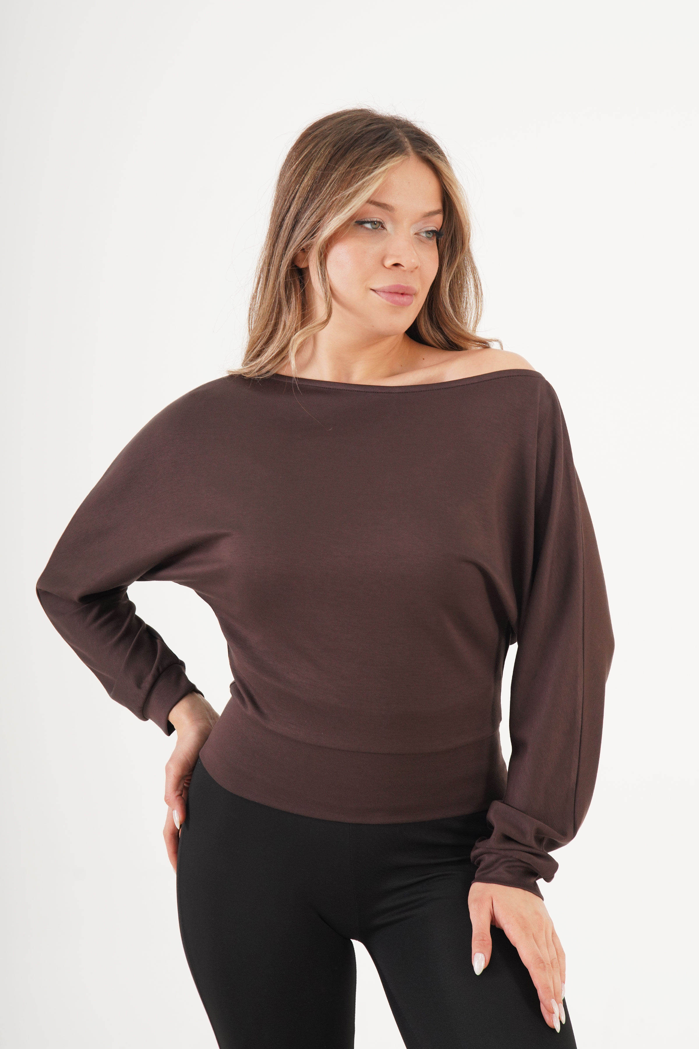 İnce Oys Kumaş Yarasa Kol Toptan Kahve Bluz