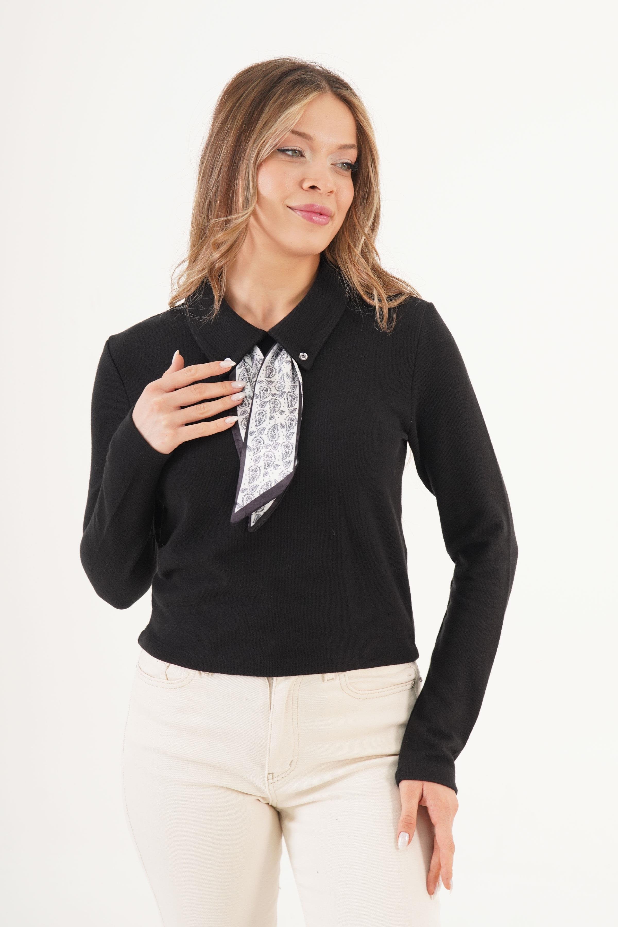 Yakası Fularlı Toptan Siyah Bluz