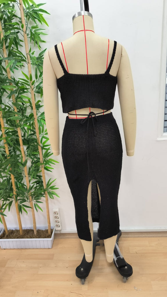Kadın Askılı Crop Bel Detaylı Derin Yırtmaçlı Etek Triko Ikili Takım , 35544