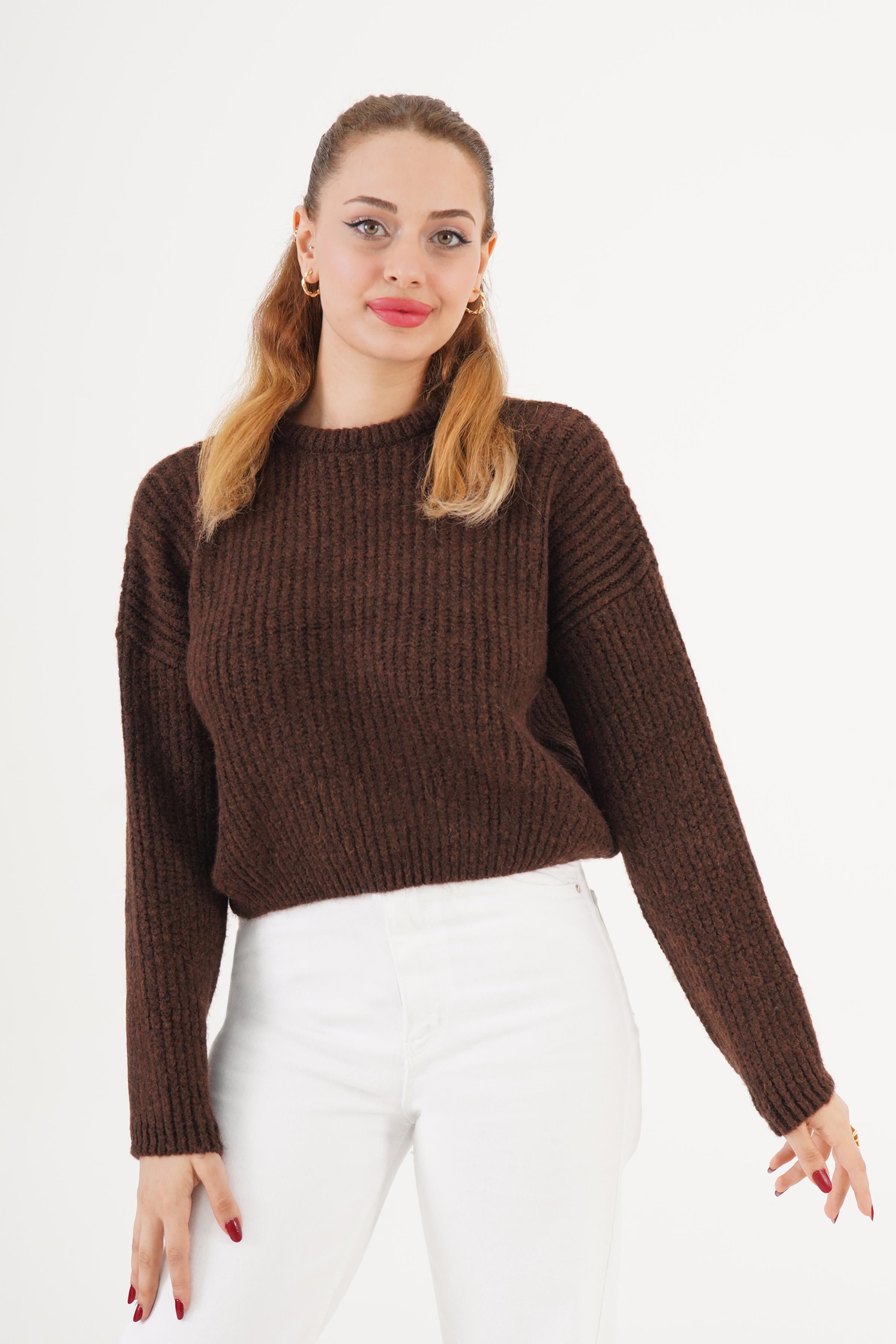 Bisiklet Yaka Basic Toptan Kahve Kazak