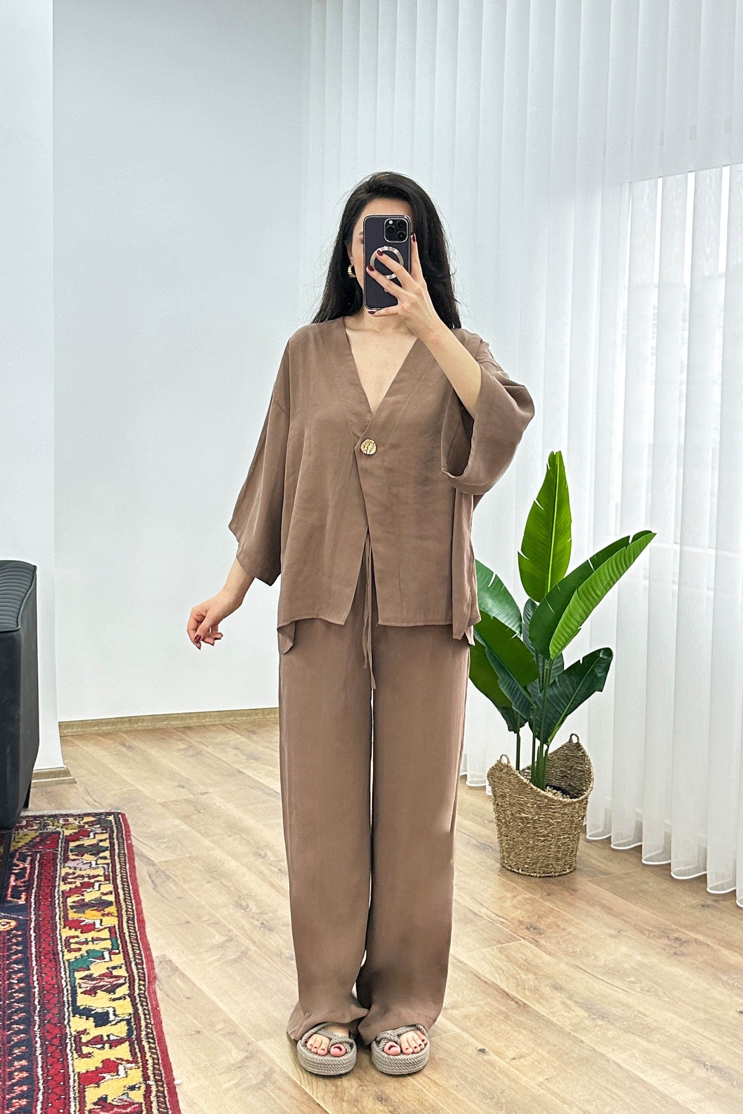 Modal Beli İp Bağlamalı Kruvaz Kahve Toptan Bluz Pantolon Takım