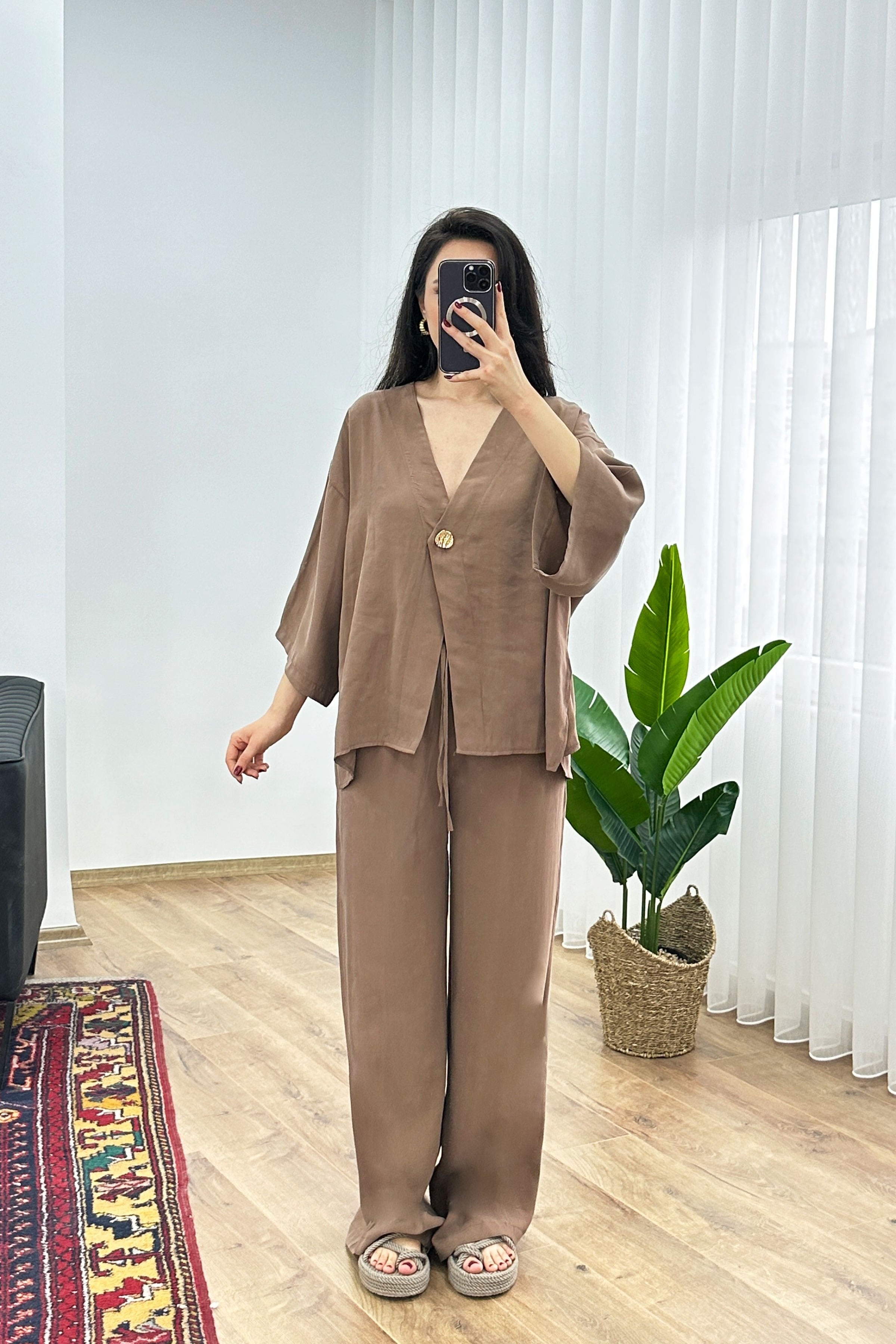 Modal Beli İp Bağlamalı Kruvaz Kahve Toptan Bluz Pantolon Takım