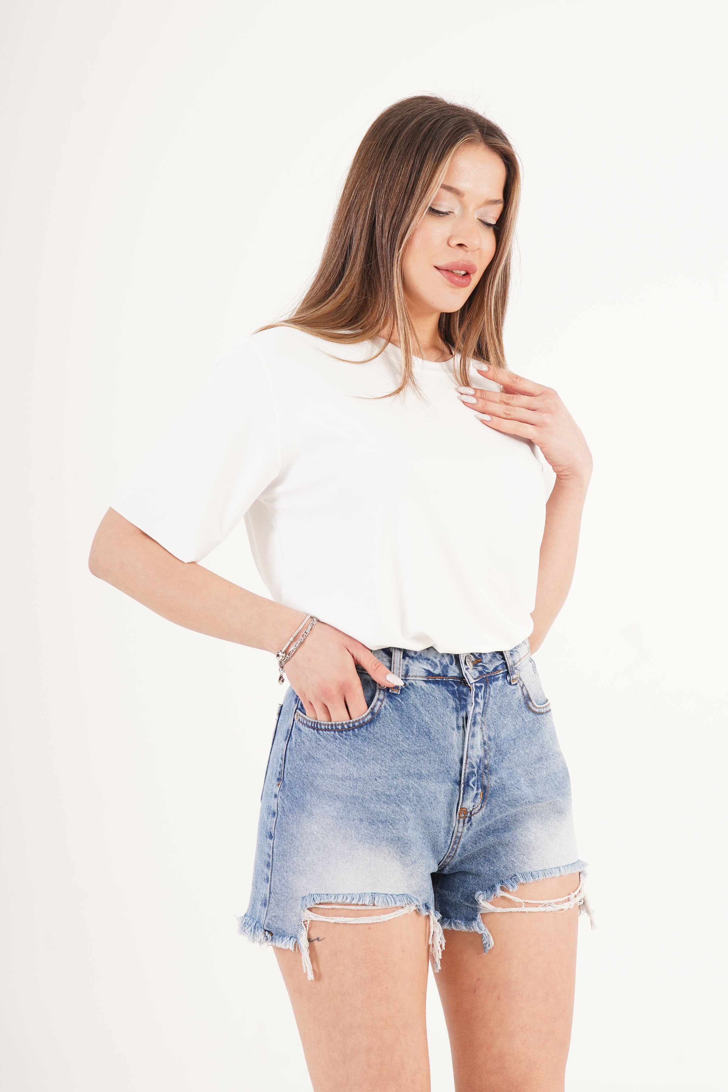 Yüksek Bel Kavisli Distressed Toptan Denim Şort