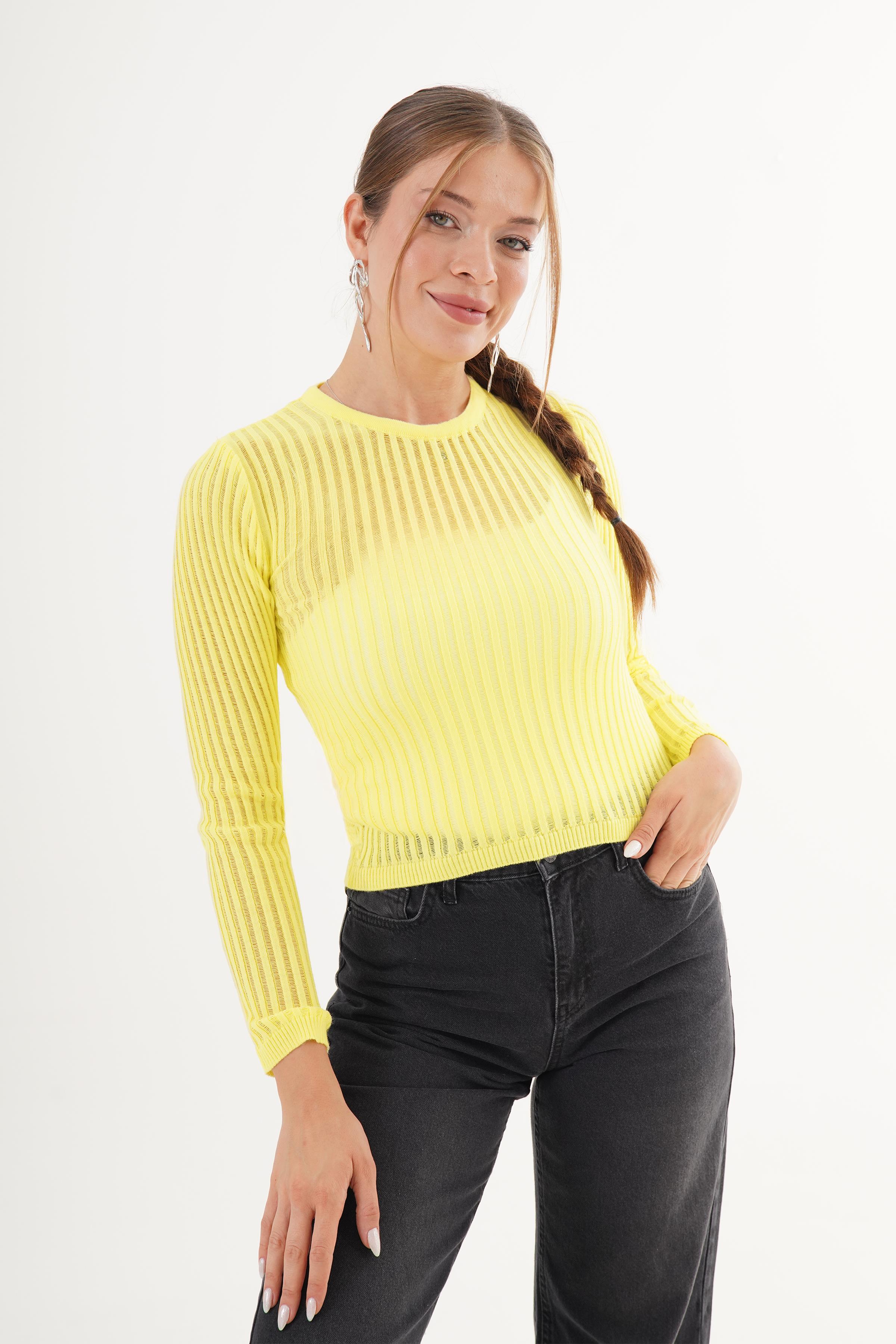 Transparan Bisiklet Yaka Sarı Triko Body