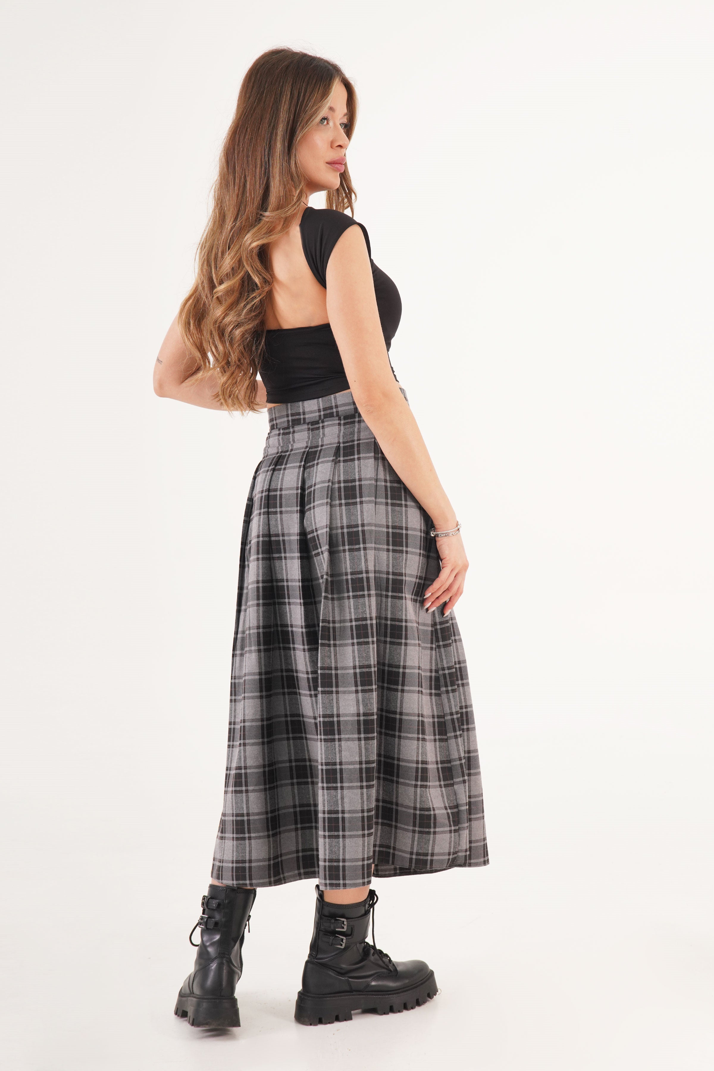 Kemer Detaylı Yan Yırtmaçlı Gri Ekose Toptan Uzun Etek