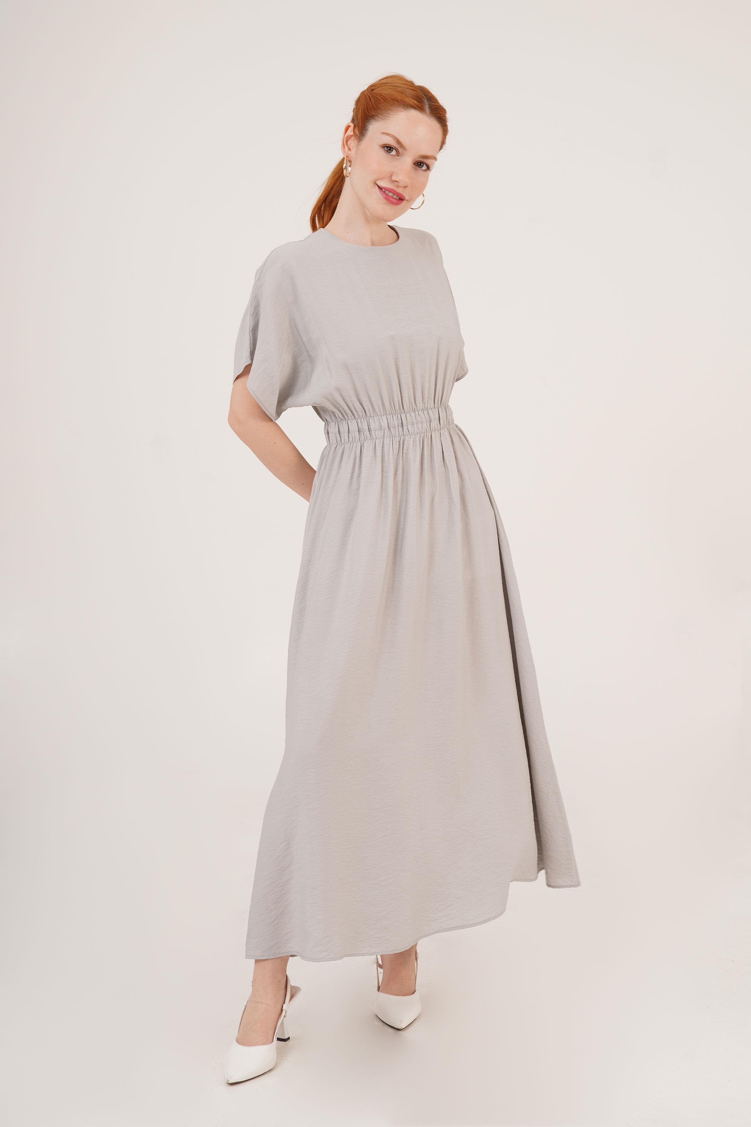 Bel Lastikli Yarasa Kol Maxi Toptan Gri Elbise