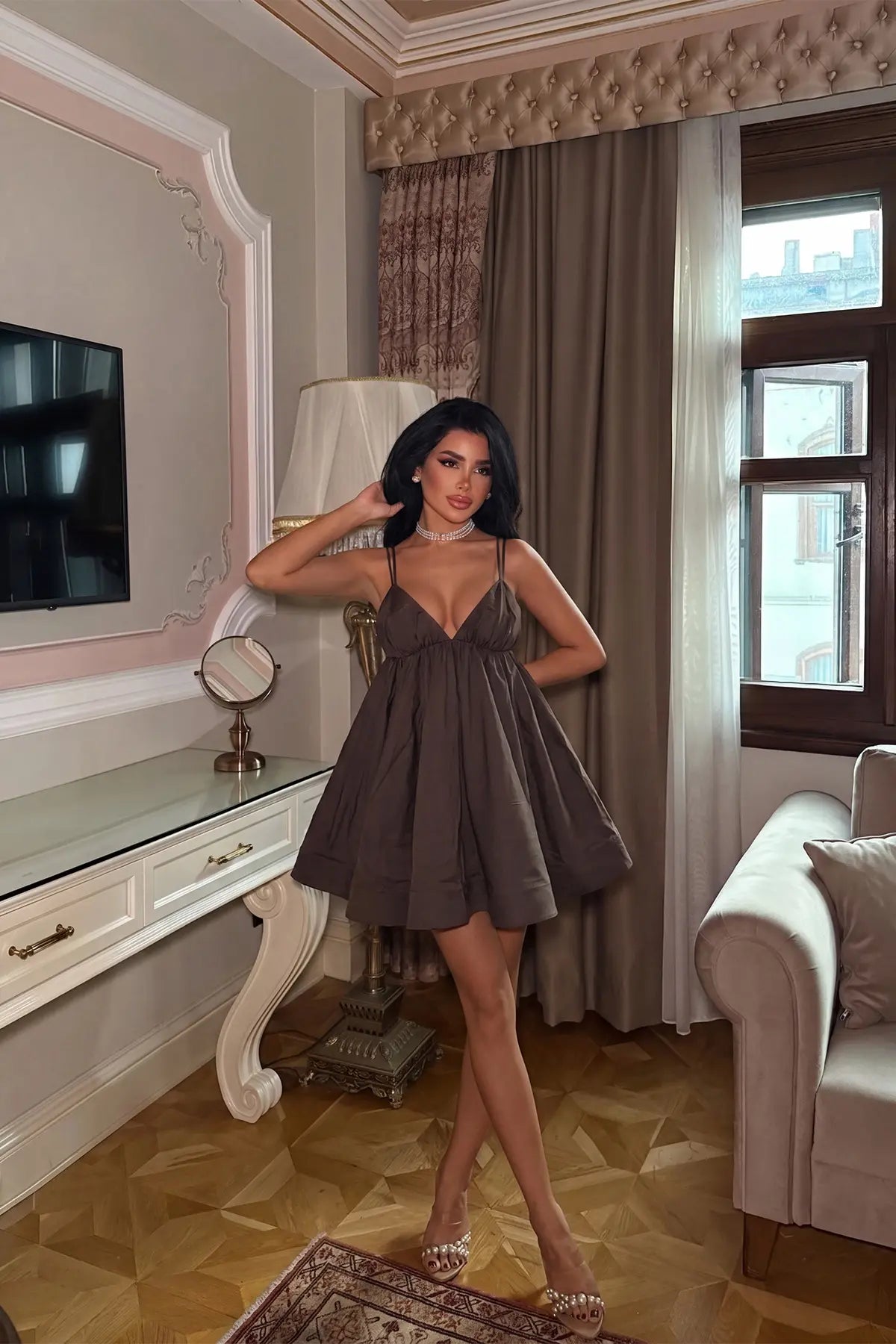 Acı Kahve Askılı Mini Elbise