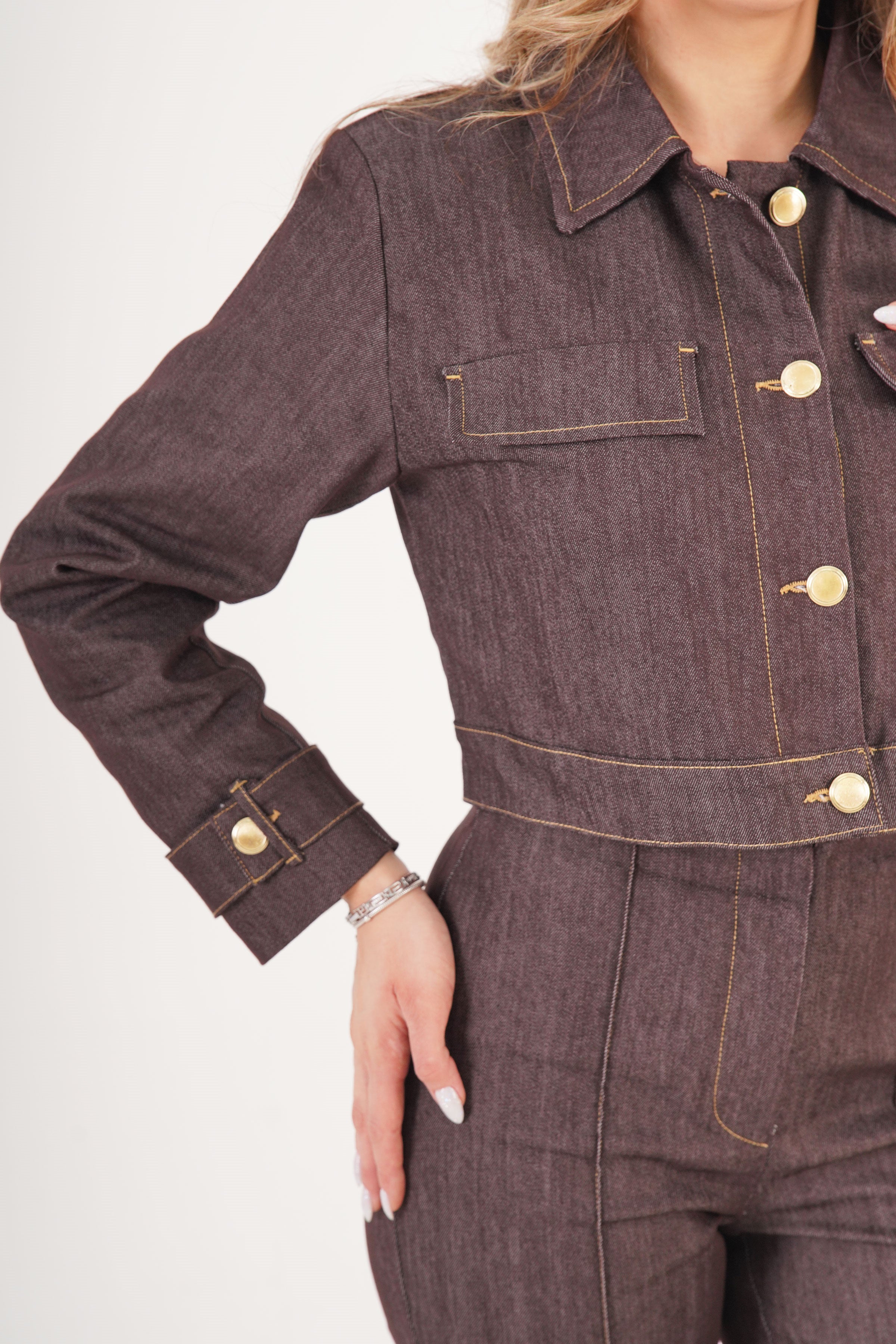 Gold Düğmeli Ceket Pantolon Kahve Denim Takım