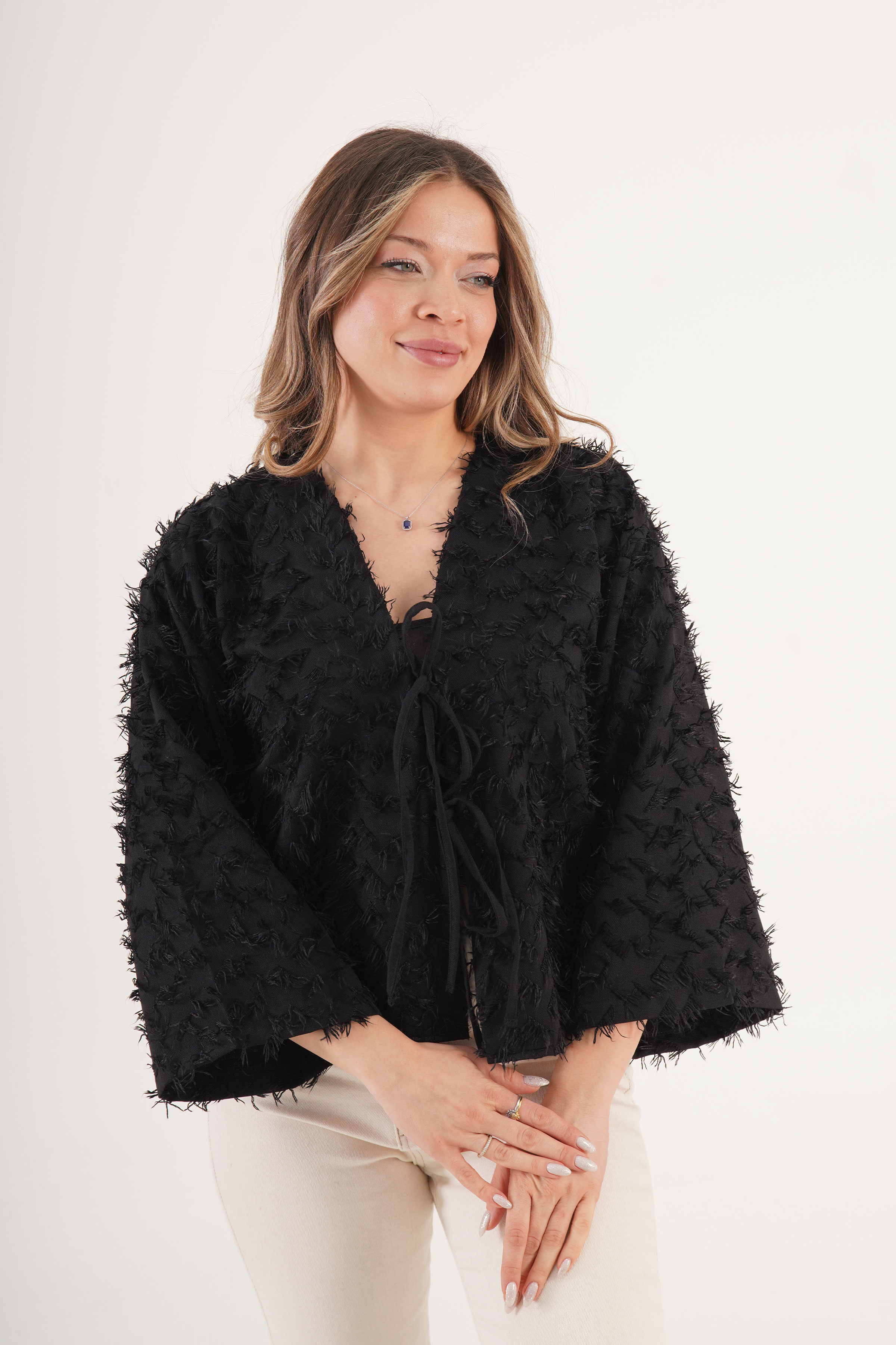 Full Saçaklı İp Bağlamalı Toptan Siyah Kimono Siyah S