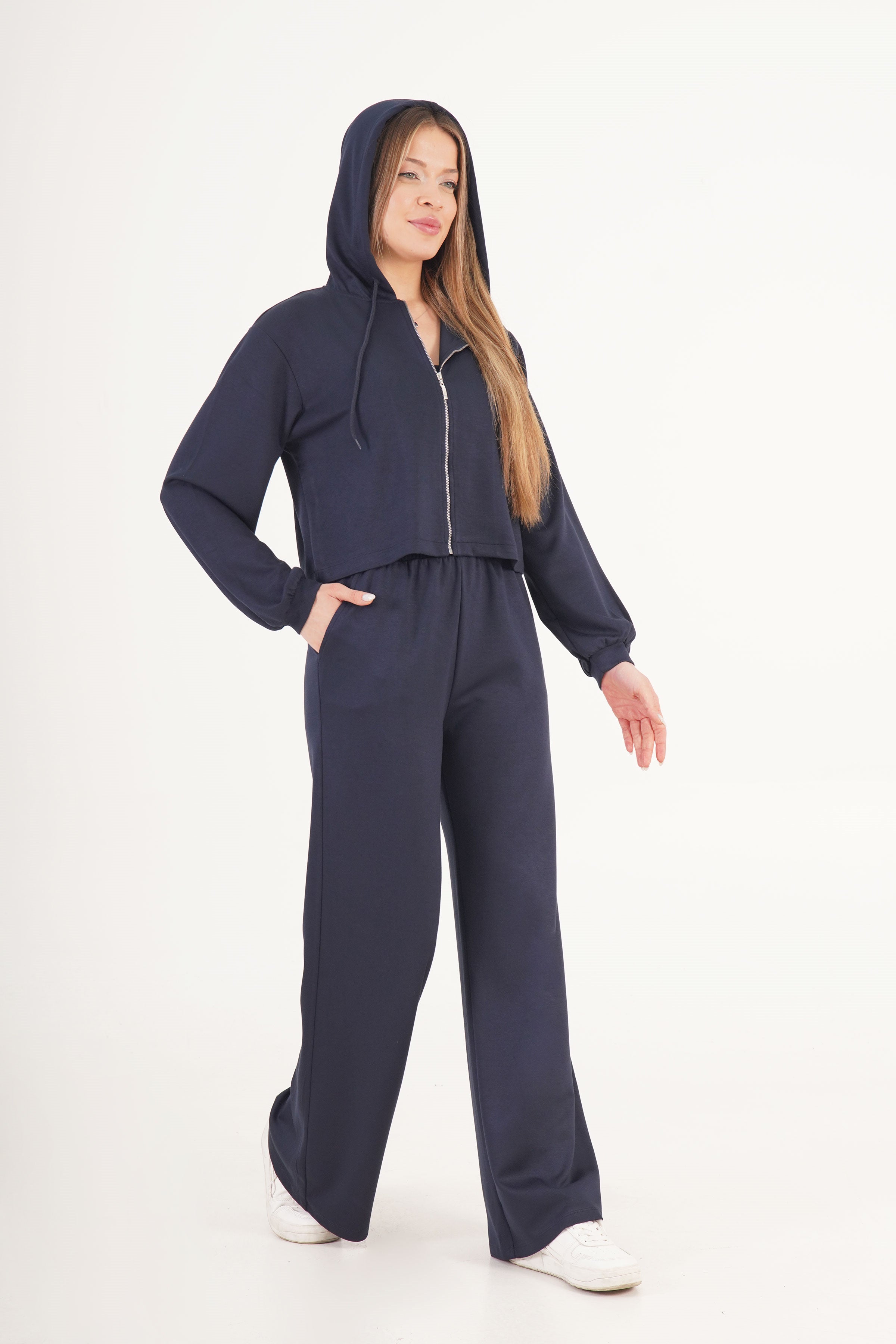 Modal Hırka Pantolon Crop Lacivert Toptan Üçlü Takım