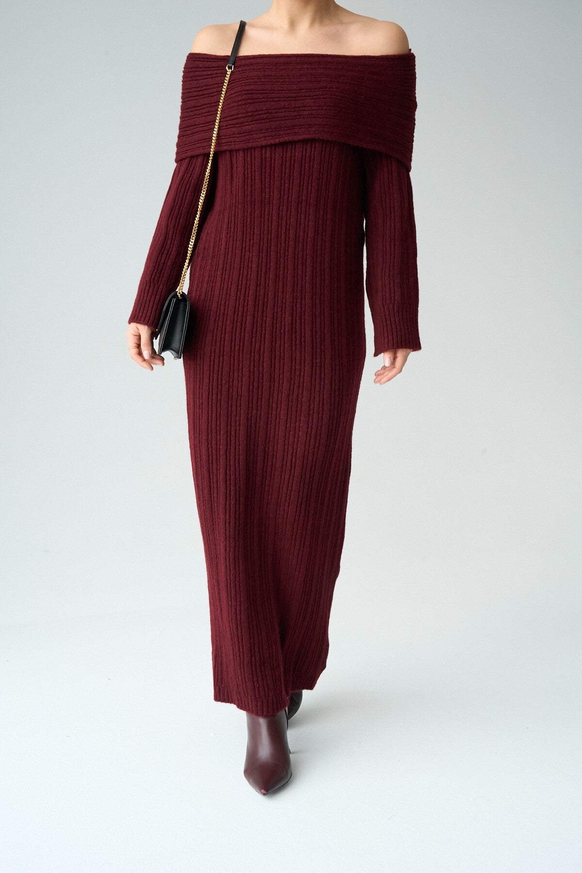 Bordo Degaje Yaka Elbise