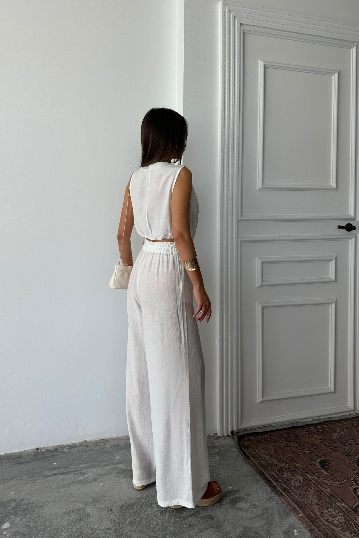 DEGAJE YAKA KOLSUZ BLUZ - PANTOLON TAKIM - Beyaz