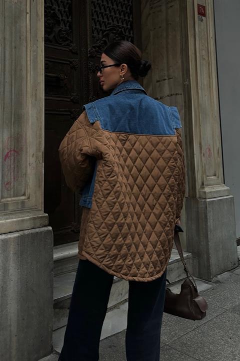 Denim Garnili Kapitone Ceket 7071 CAMEL L