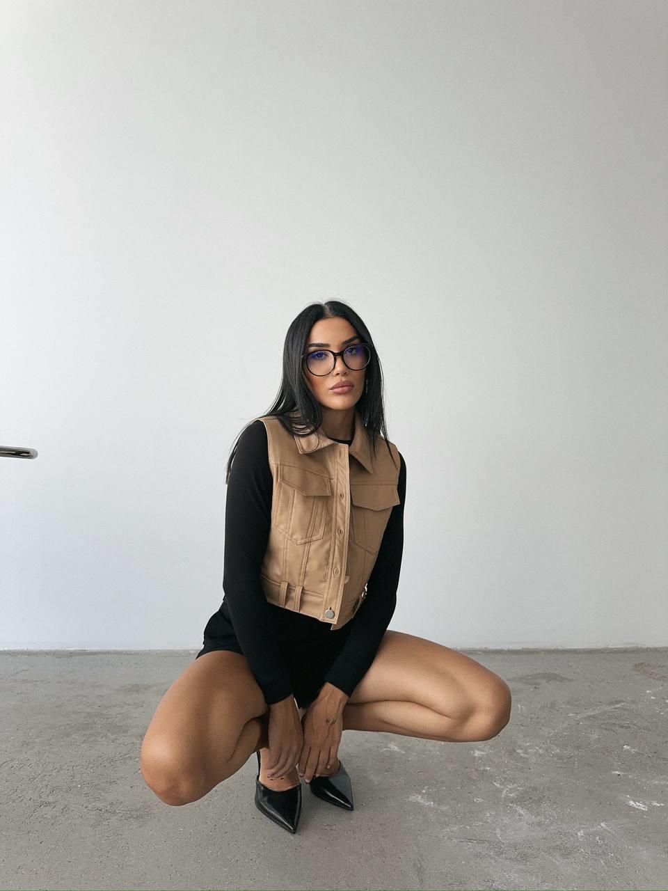 DERİ CROP YELEK - Bej