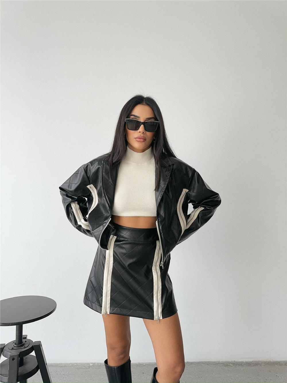 DERİ FERMUAR DETAYLI ETEK - Siyah