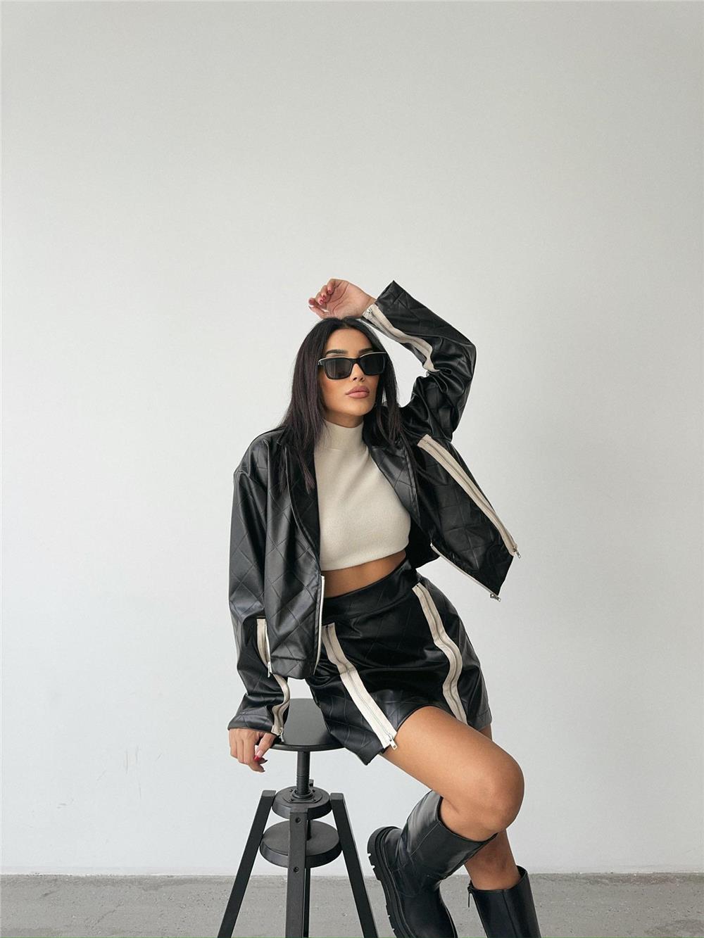 DERİ FERMUAR DETAYLI ETEK - Siyah