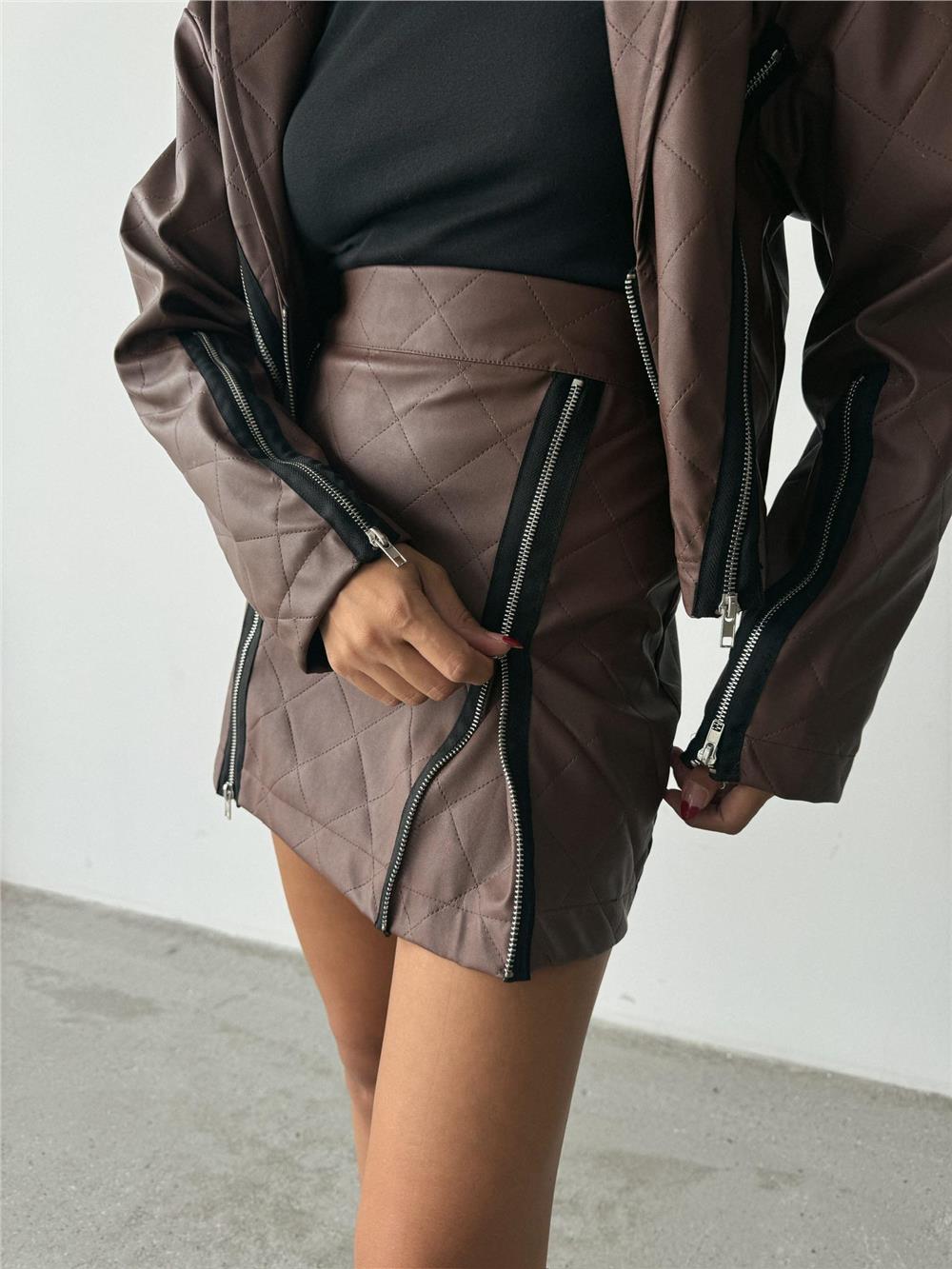 DERİ FERMUAR DETAYLI ETEK - Taba