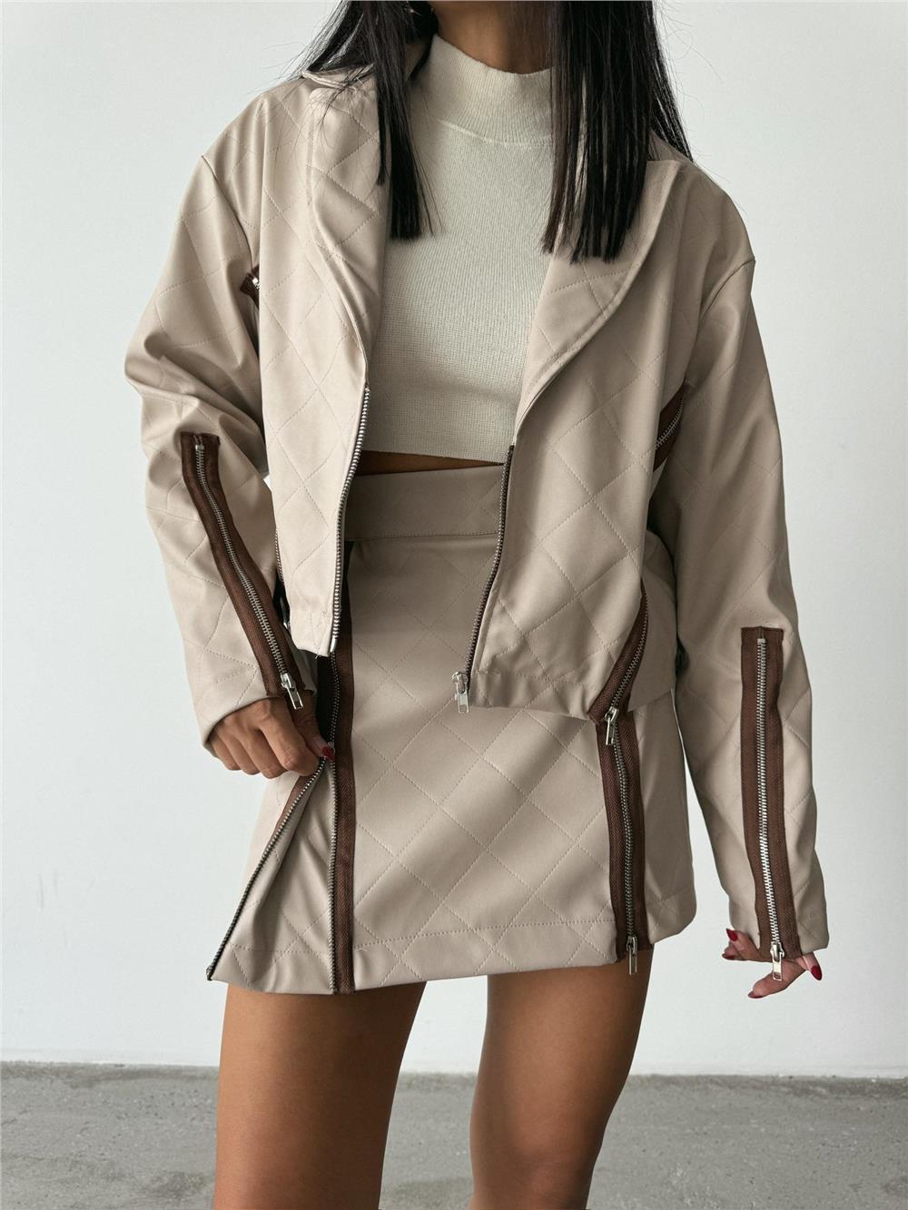 DERİ FERMUAR DETAYLI ETEK - Taş