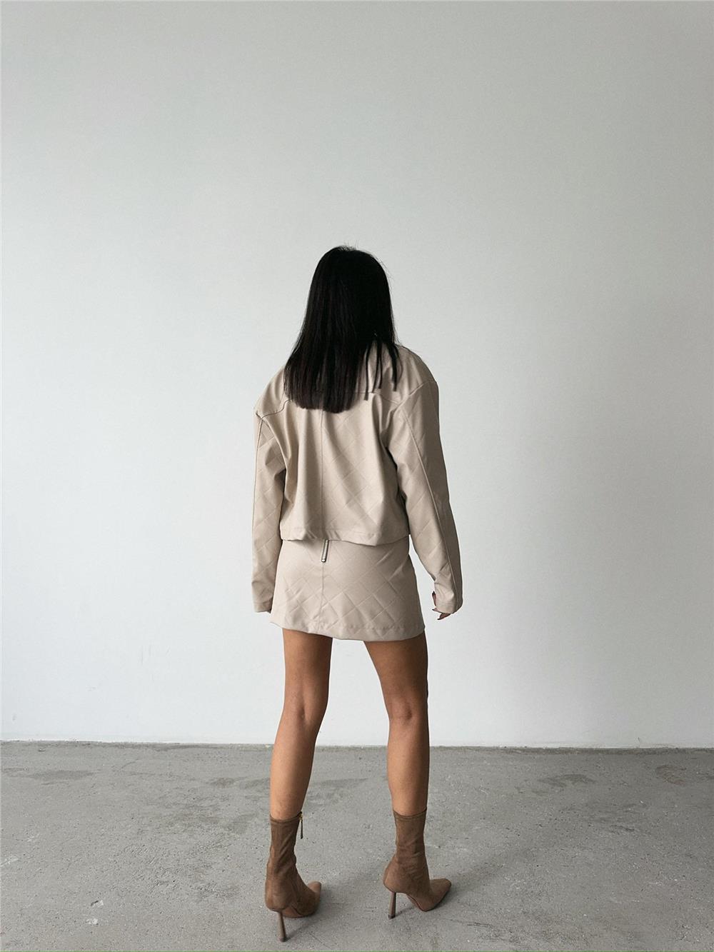 DERİ FERMUAR DETAYLI ETEK - Taş