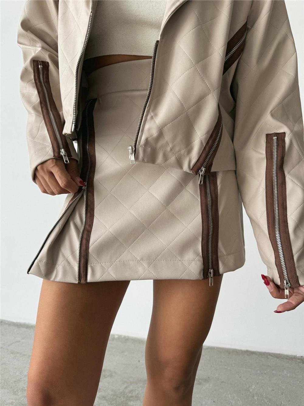 DERİ FERMUAR DETAYLI ETEK - Taş