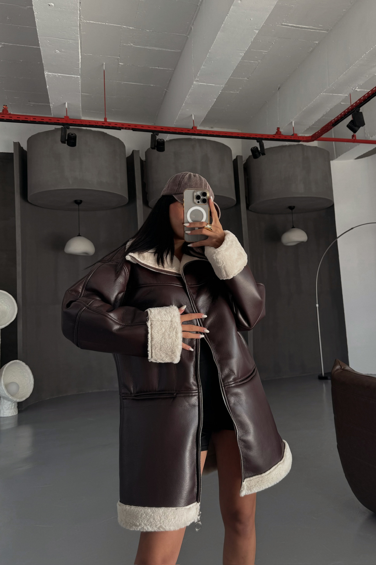 DERİ MONT KOL VE YAKA PELUŞ KAPAKSIZ CEP DETAYLI - Kahverengi