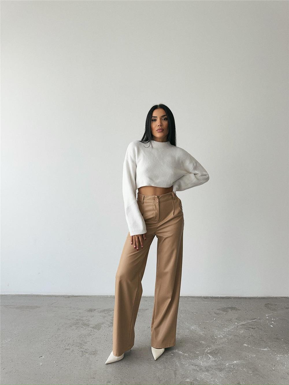 DERİ PALAZZO PANTOLON BORU PAÇA - Bej
