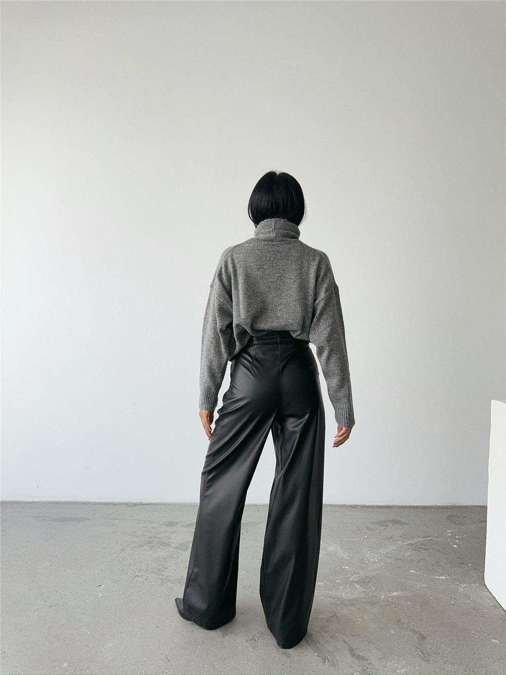 DERİ PALAZZO PANTOLON BORU PAÇA - Siyah