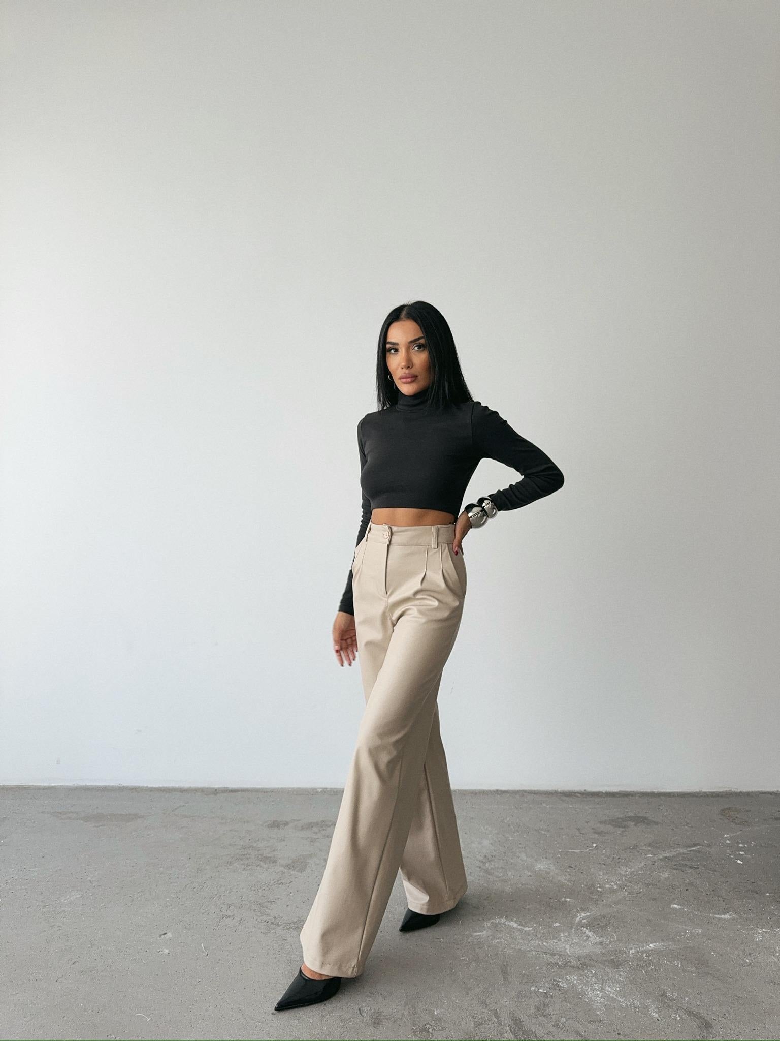 DERİ PALAZZO PANTOLON BORU PAÇA - Taş