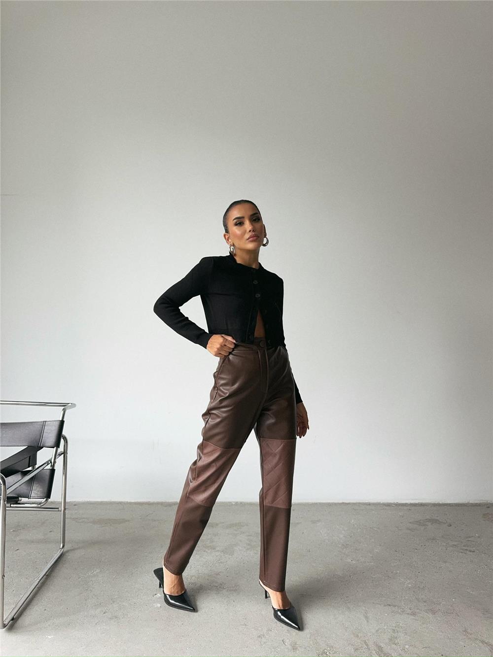 DERİ PANTOLON DİZ PARÇALI - Kahverengi