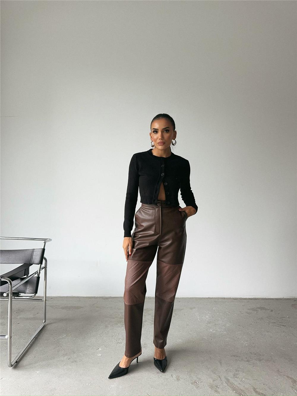 DERİ PANTOLON DİZ PARÇALI - Kahverengi