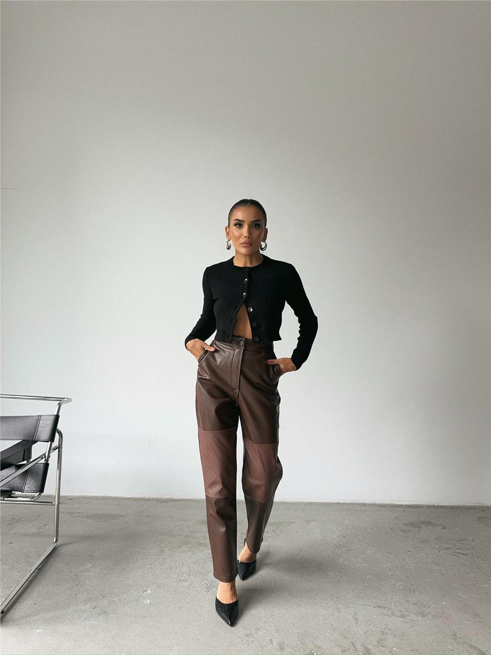 DERİ PANTOLON DİZ PARÇALI - Kahverengi