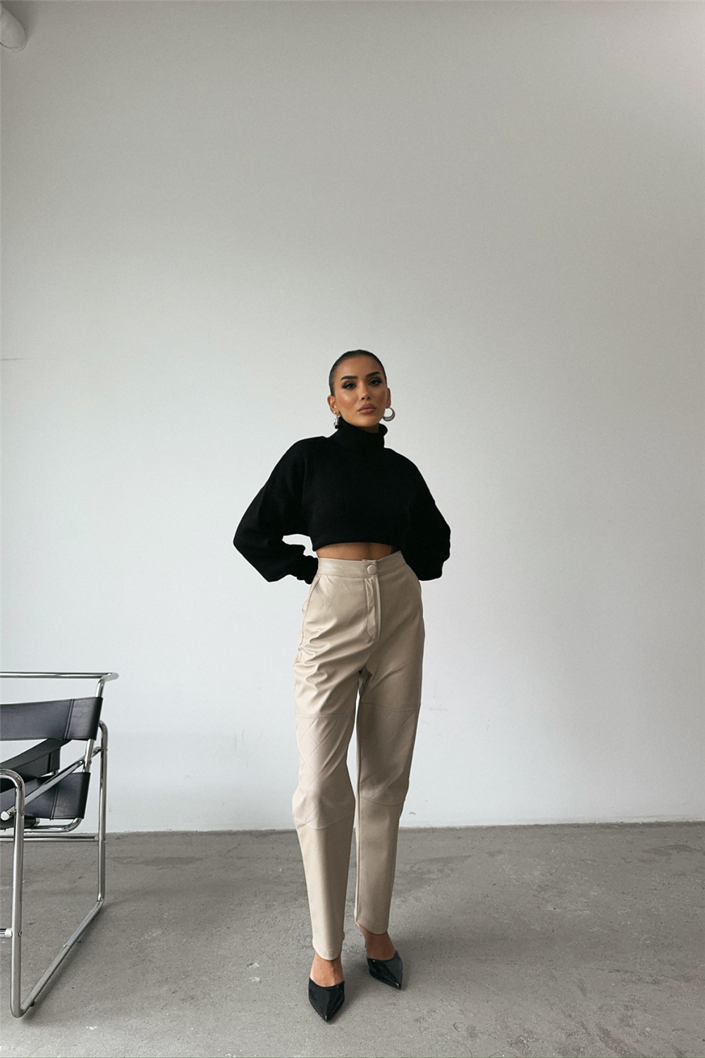 DERİ PANTOLON DİZ PARÇALI - Taş