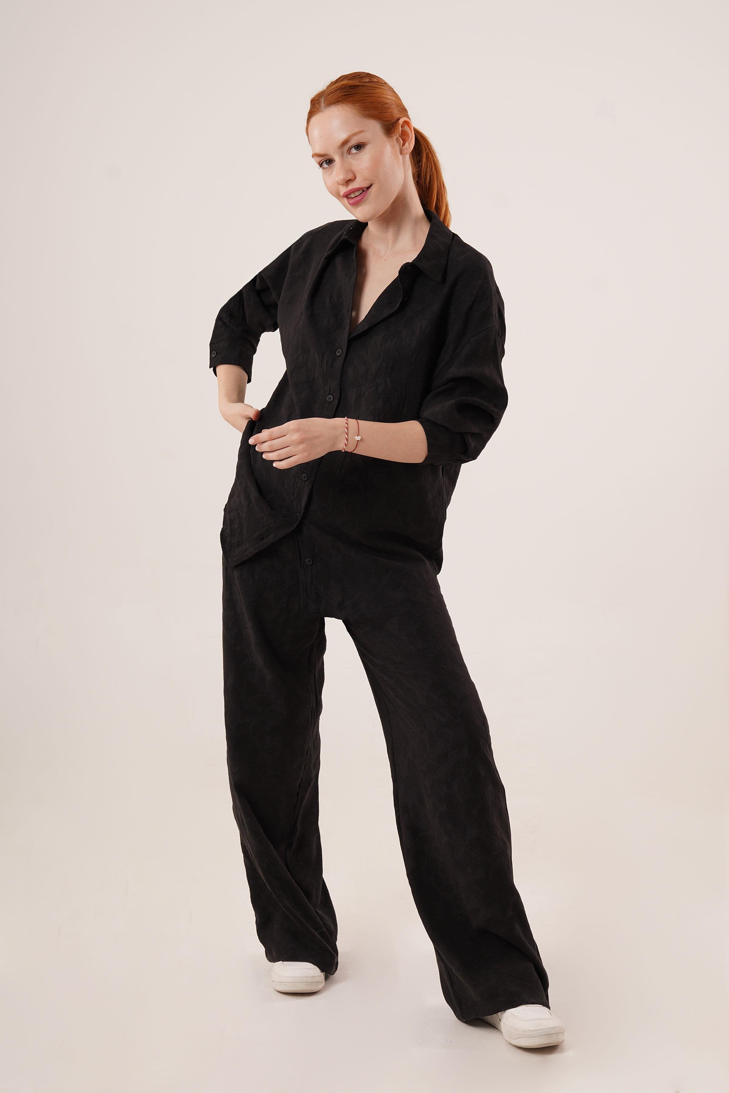 Desenli Gömlek Ve Pantolon Toptan Siyah İkili Takım Siyah S