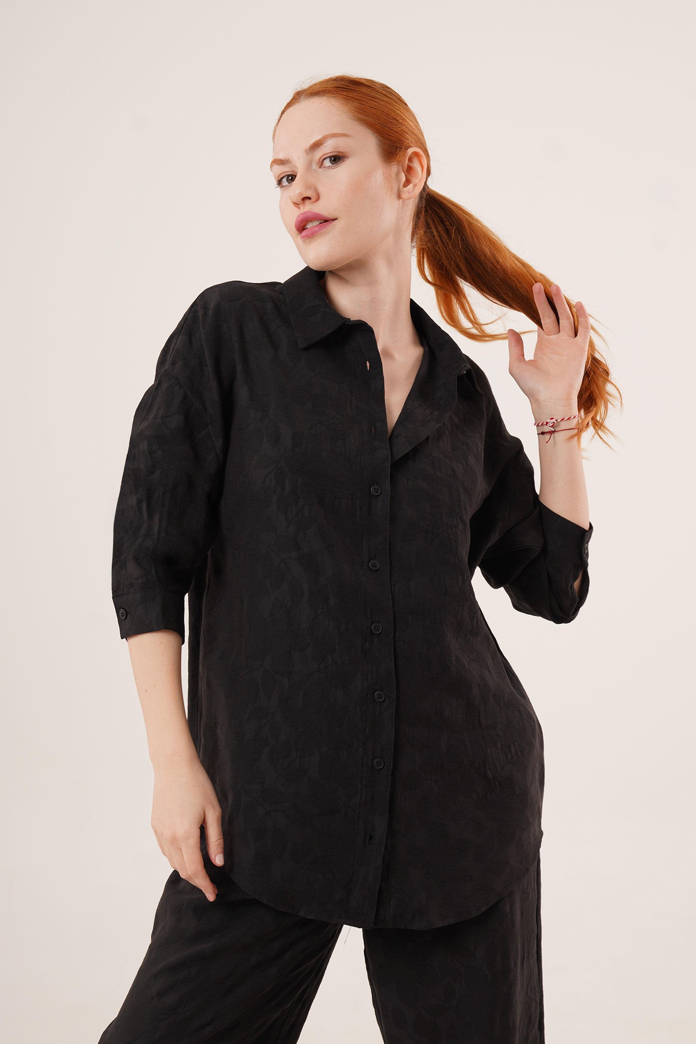 Desenli Gömlek Ve Pantolon Toptan Siyah İkili Takım