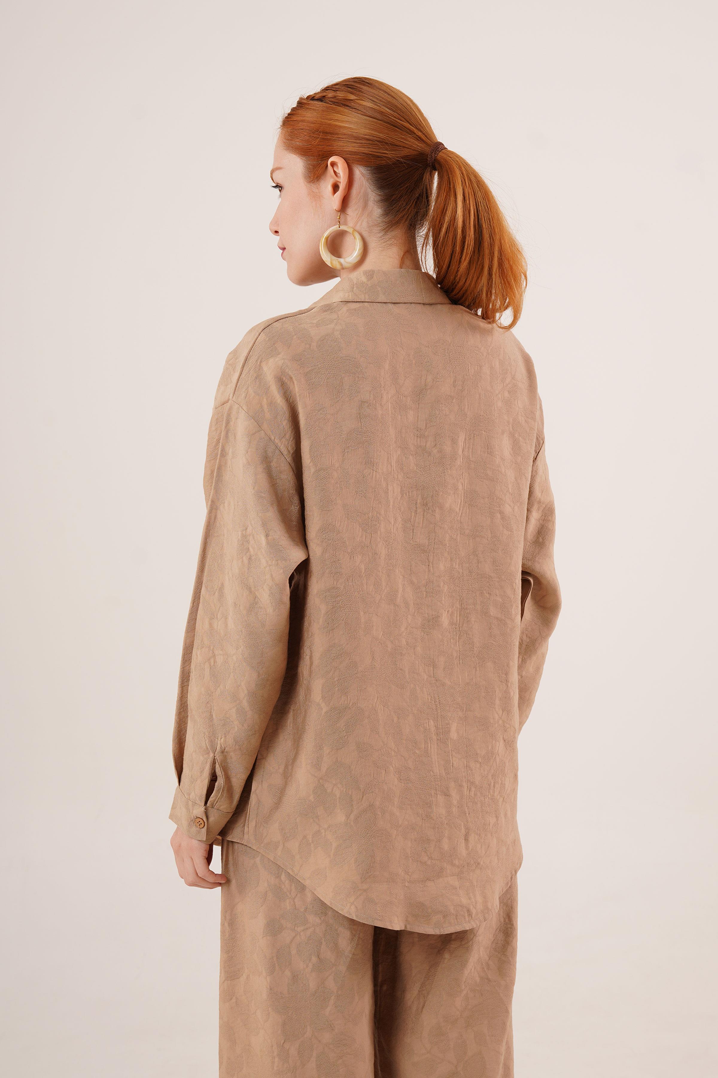 Desenli Gömlek Ve Pantolon Toptan Camel İkili Takım