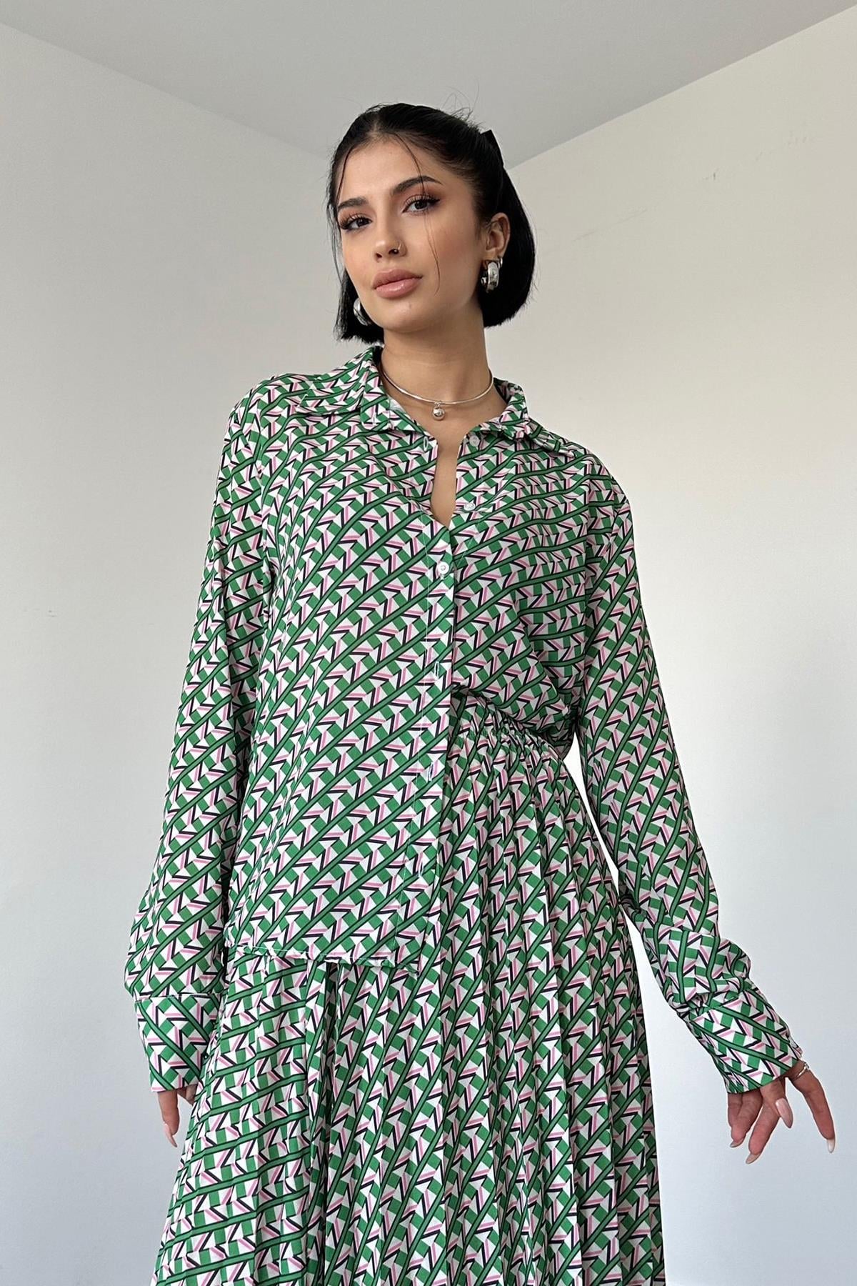Patterned Viscose Shirt and Skirt Set - Green