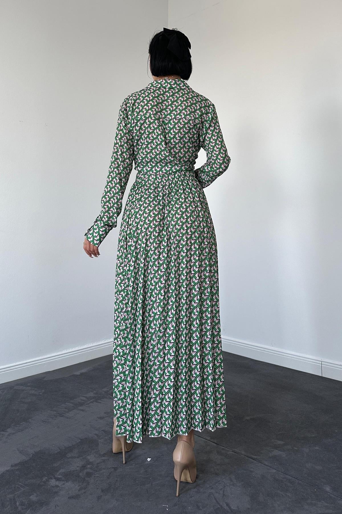 Patterned Viscose Shirt and Skirt Set - Green