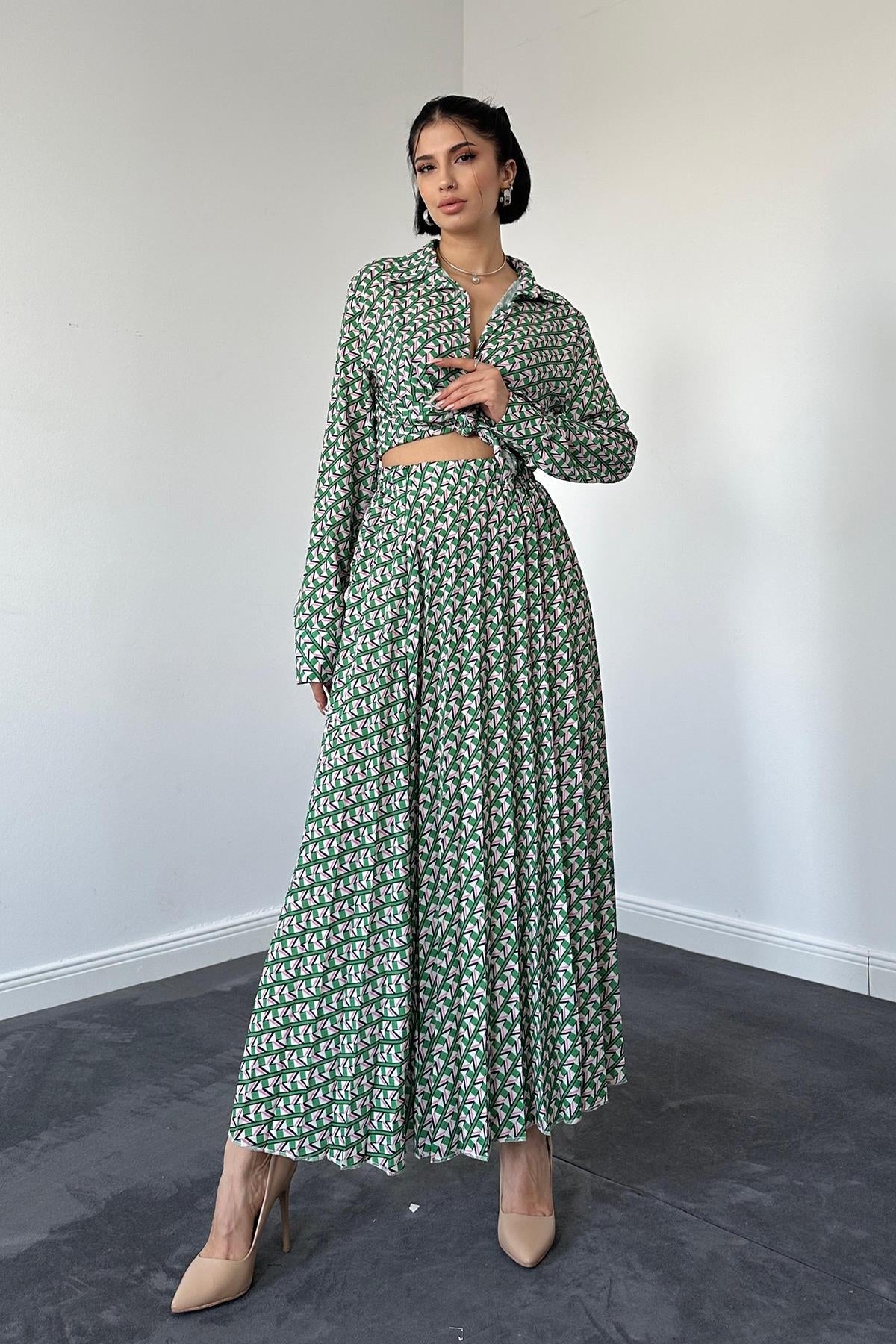 Patterned Viscose Shirt and Skirt Set - Green