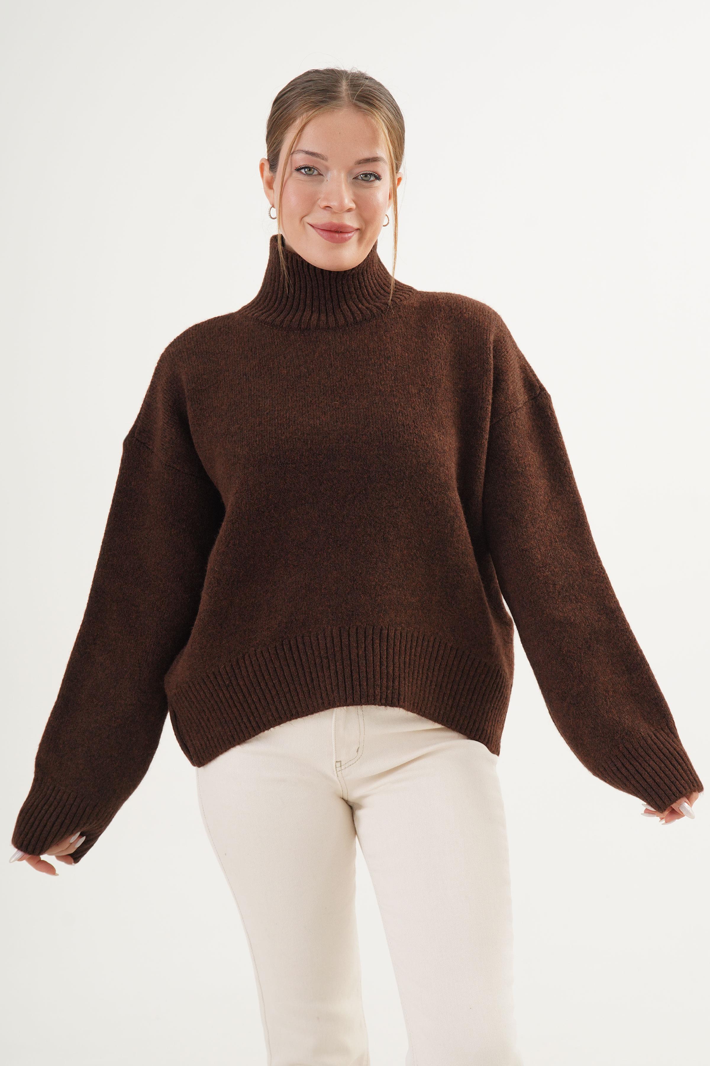 Yarım Balıkçı Yaka Kalın Toptan Kahve Triko Kazak