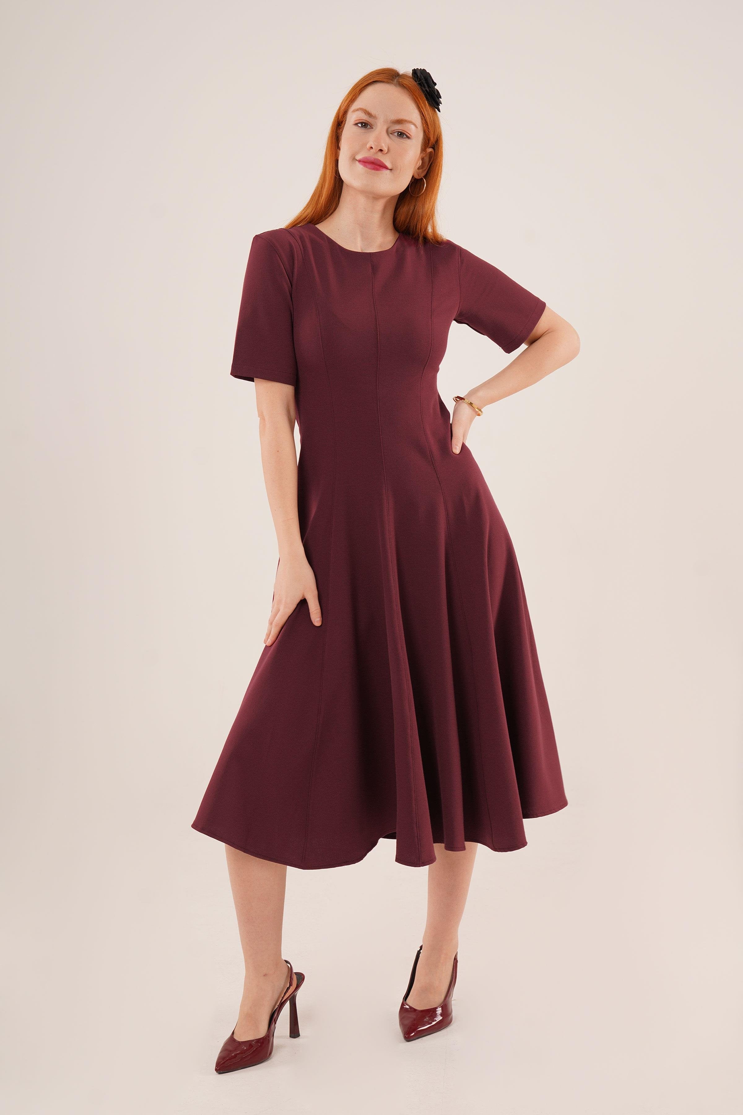 Dikiş Detaylı Kısa Kollu Toptan Bordo Uzun Elbise