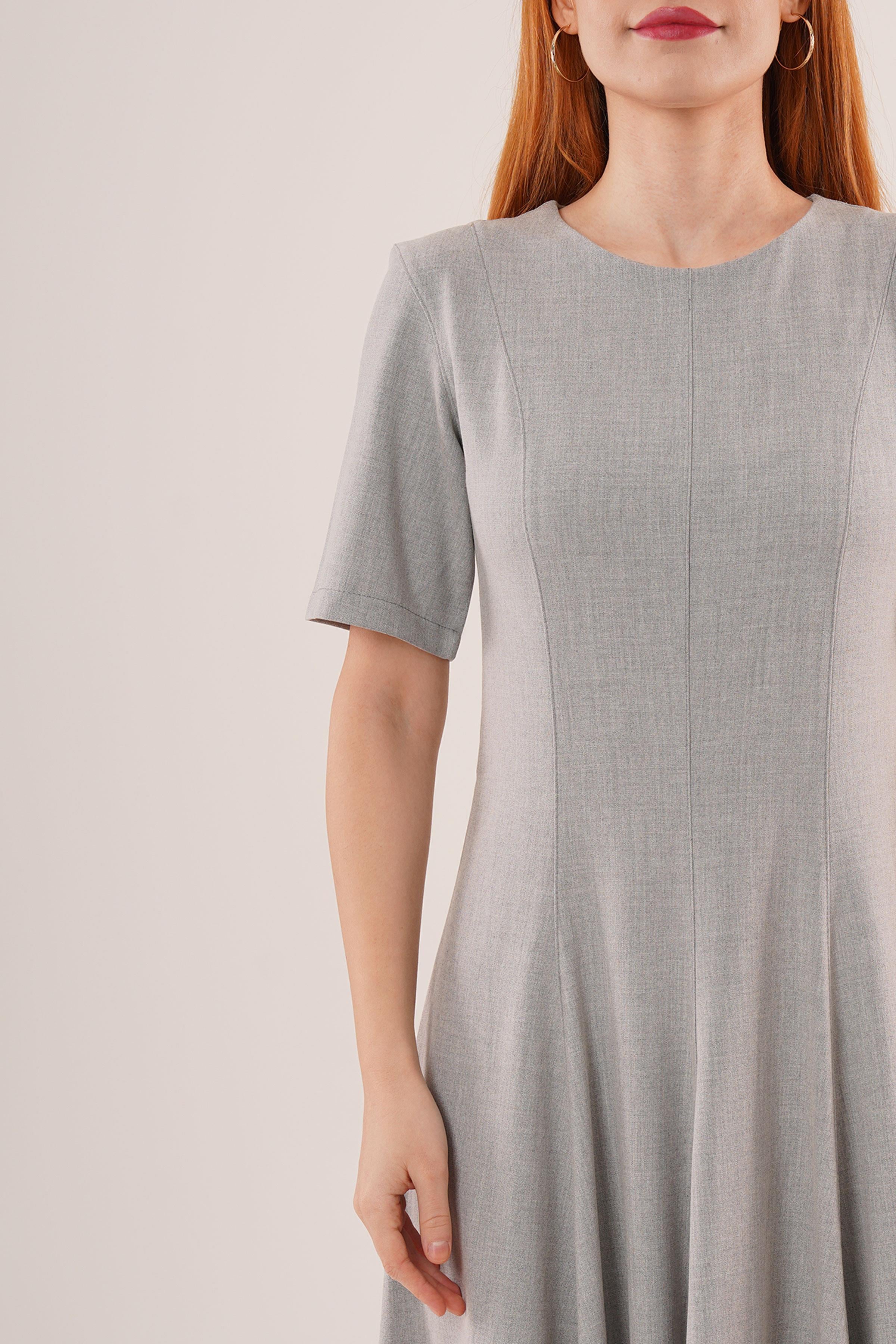 Dikiş Detaylı Kısa Kollu Toptan Gri Uzun Elbise