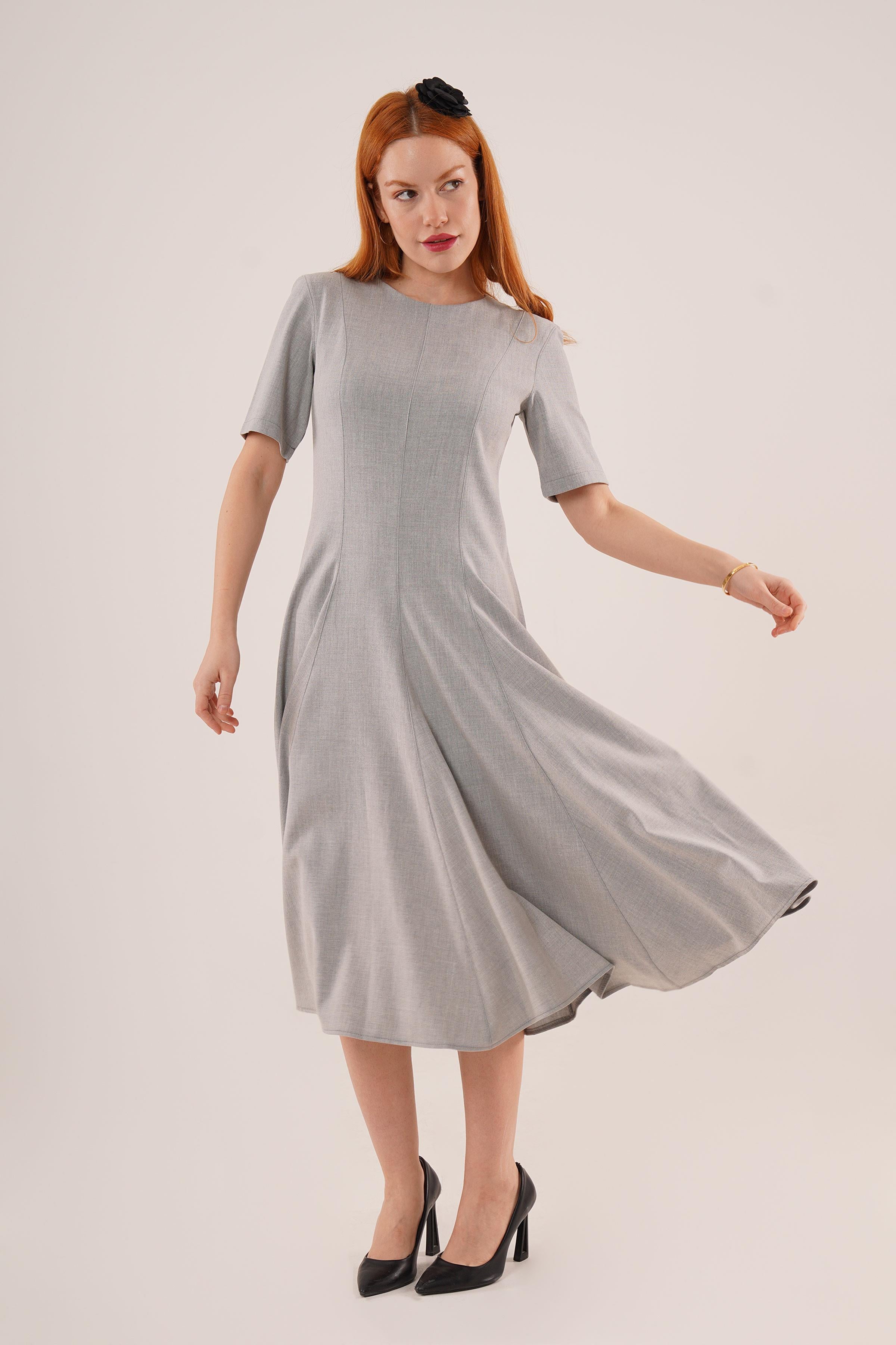 Dikiş Detaylı Kısa Kollu Toptan Gri Uzun Elbise