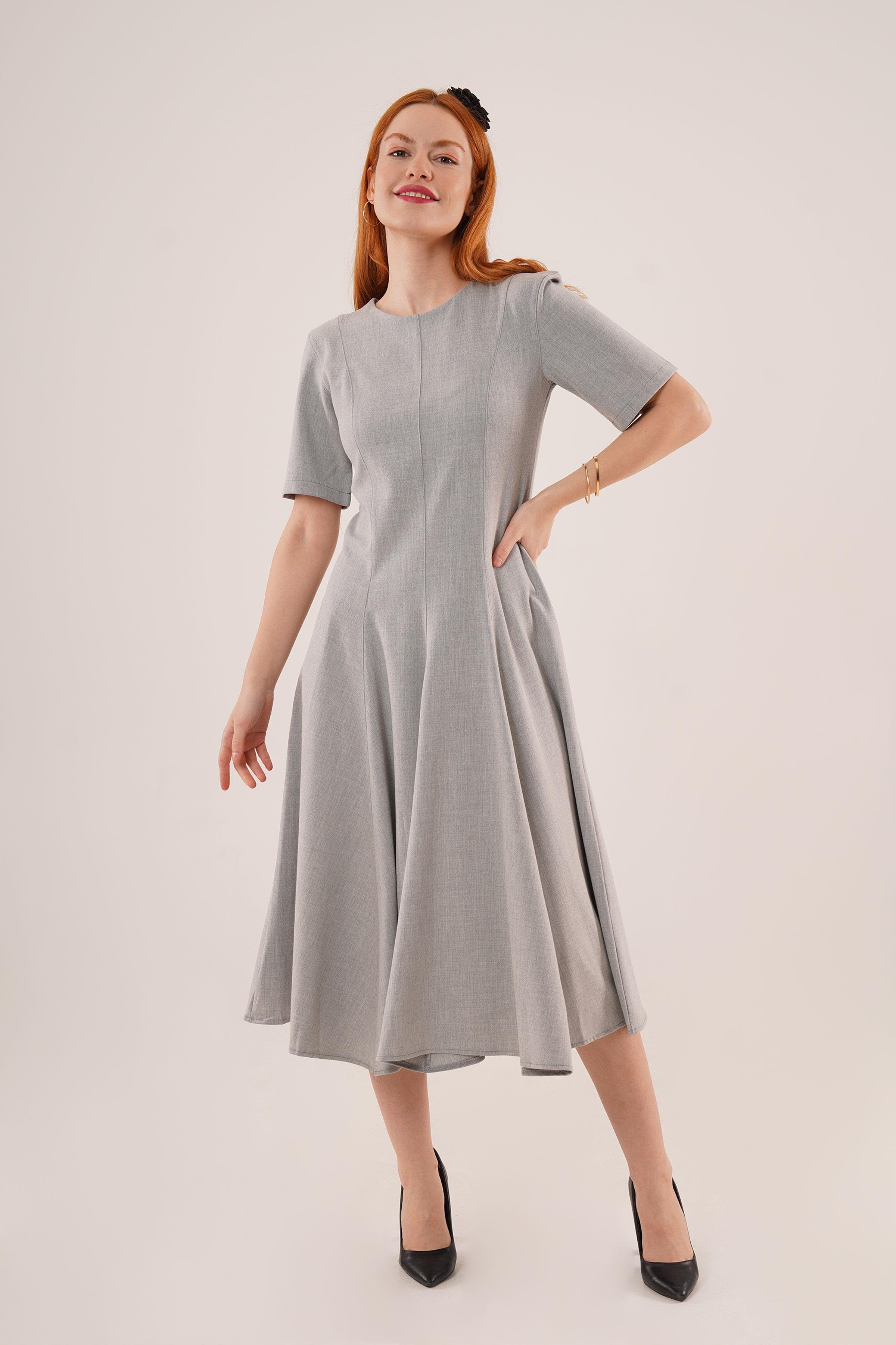 Dikiş Detaylı Kısa Kollu Toptan Gri Uzun Elbise Gri S