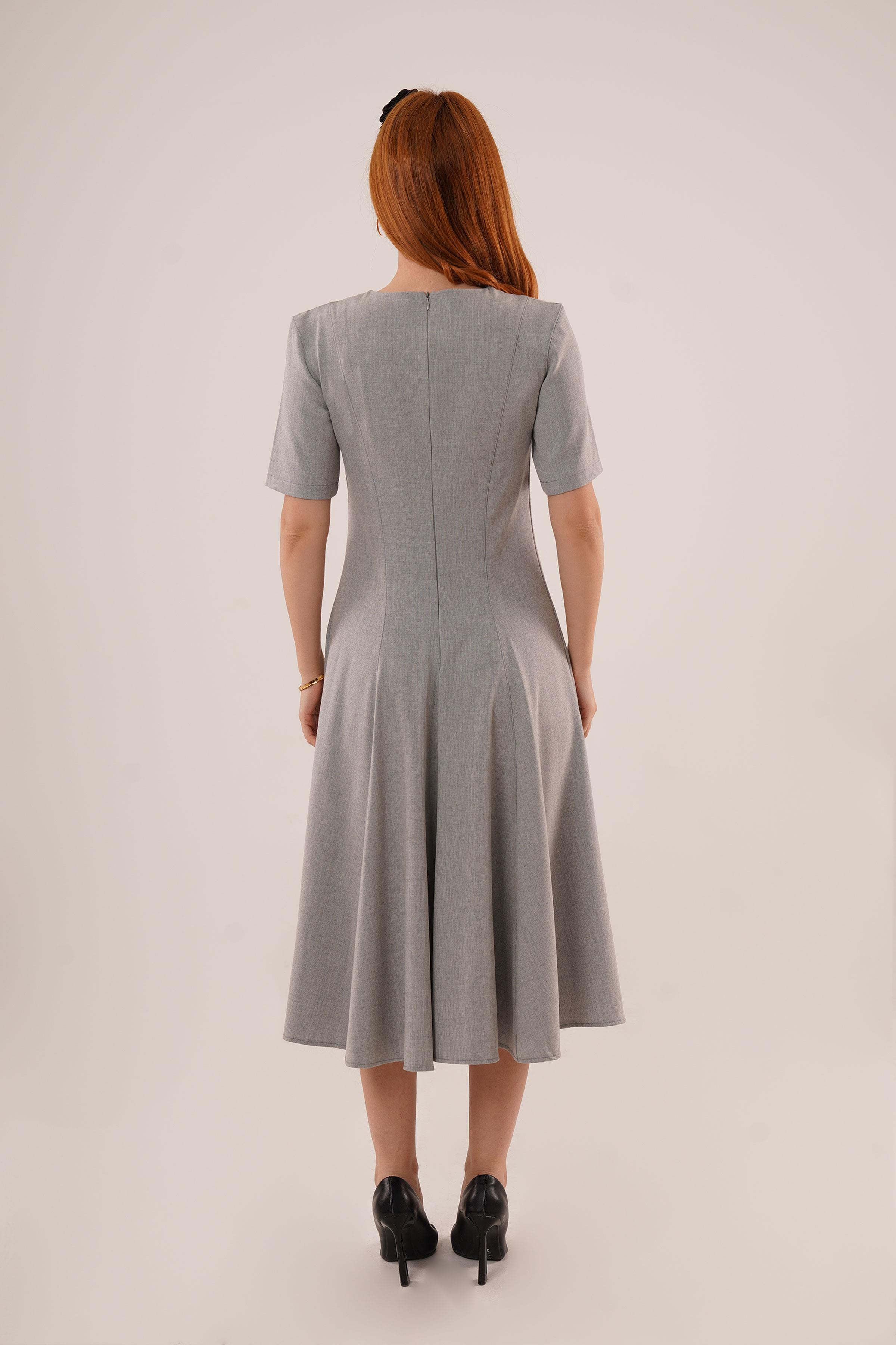 Dikiş Detaylı Kısa Kollu Toptan Gri Uzun Elbise