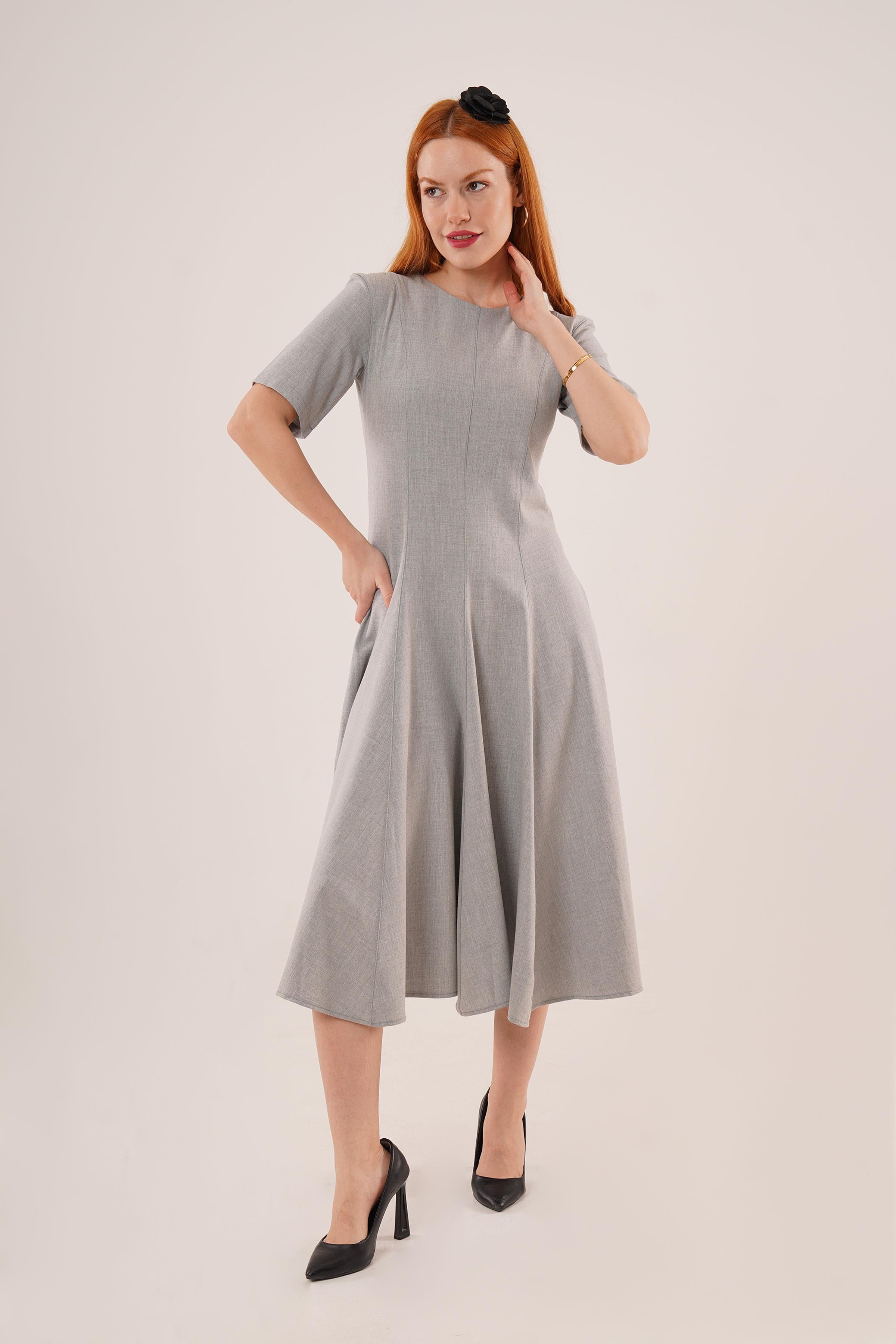 Dikiş Detaylı Kısa Kollu Toptan Gri Uzun Elbise