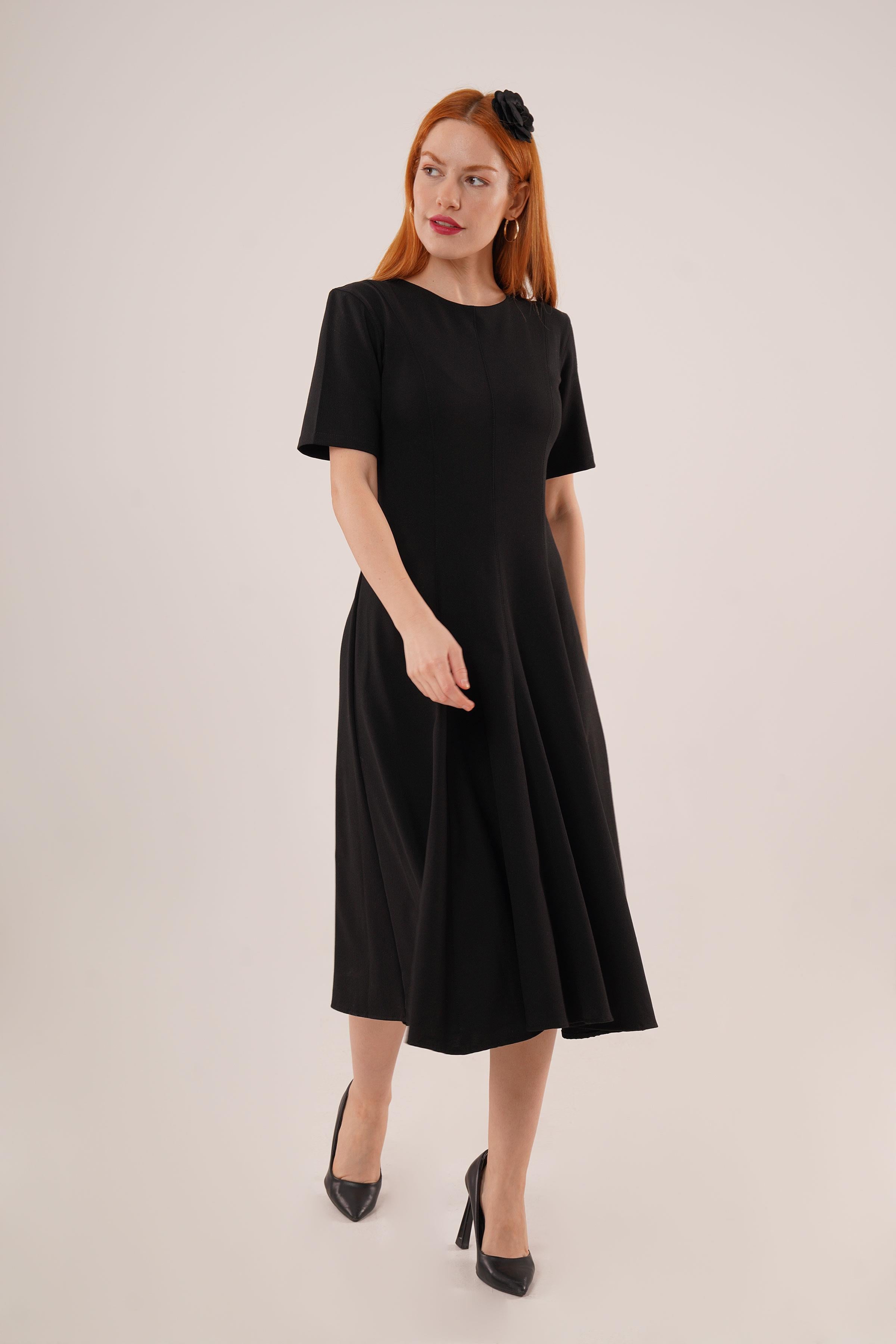 Dikiş Detaylı Kısa Kollu Toptan Siyah Uzun Elbise