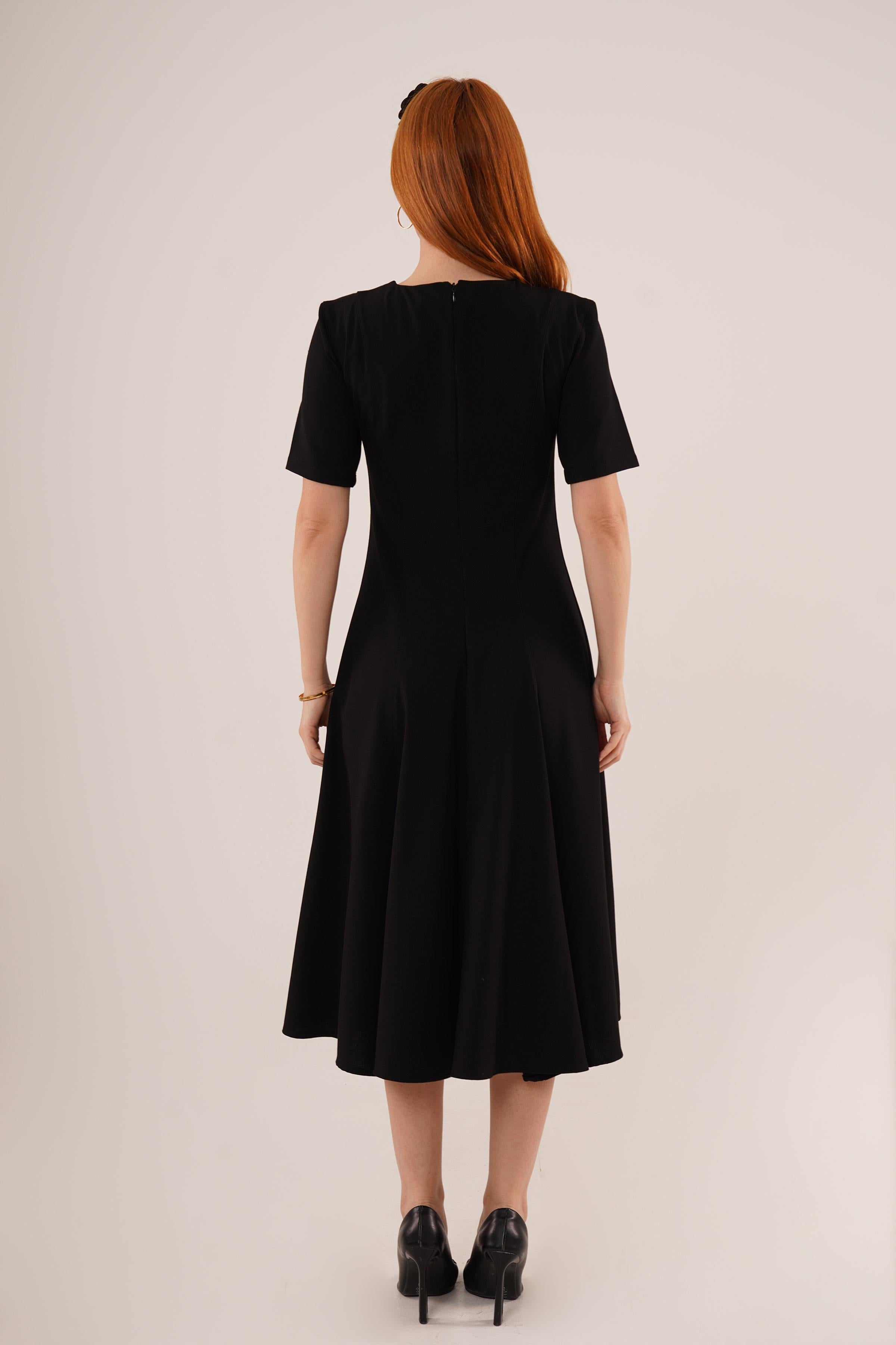 Dikiş Detaylı Kısa Kollu Toptan Siyah Uzun Elbise