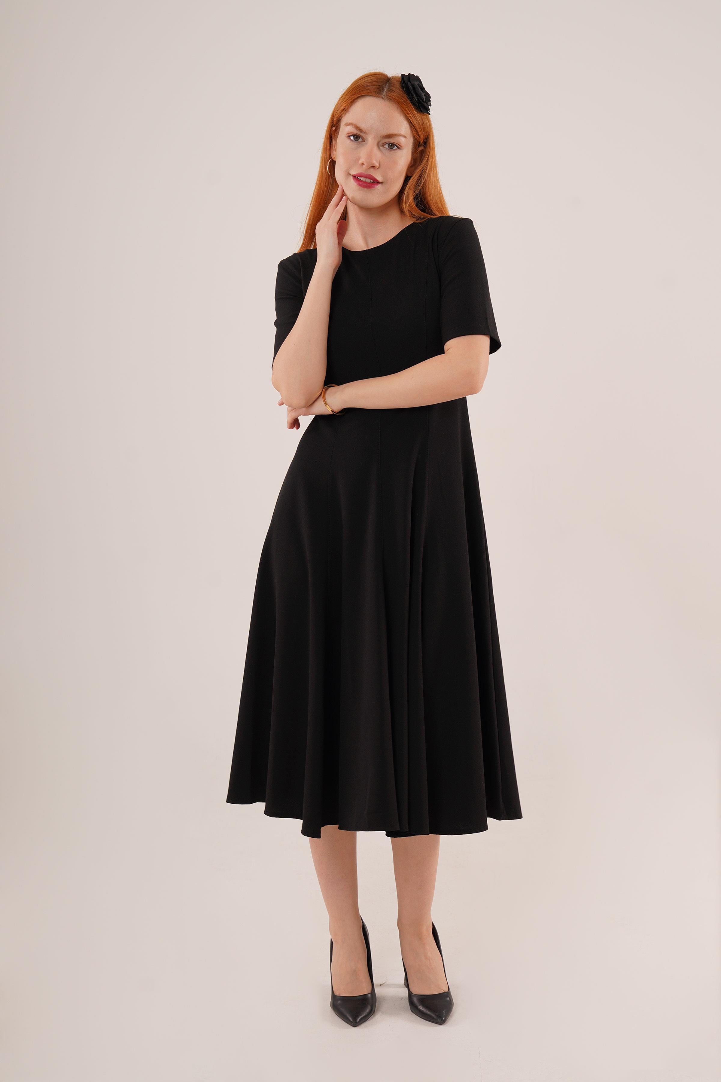 Dikiş Detaylı Kısa Kollu Toptan Siyah Uzun Elbise